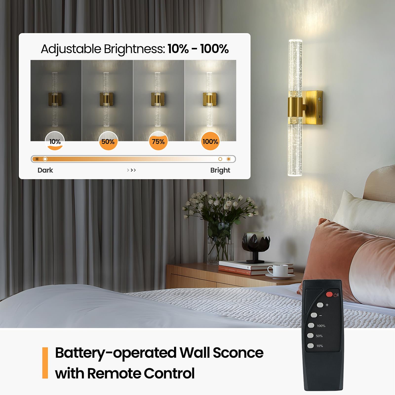 Ccycol Battery Operated Wall Sconce Set Of 2, Gold Rechargeable Wireless Wall Sconces Set Of Two With Remote Control, Modern Led