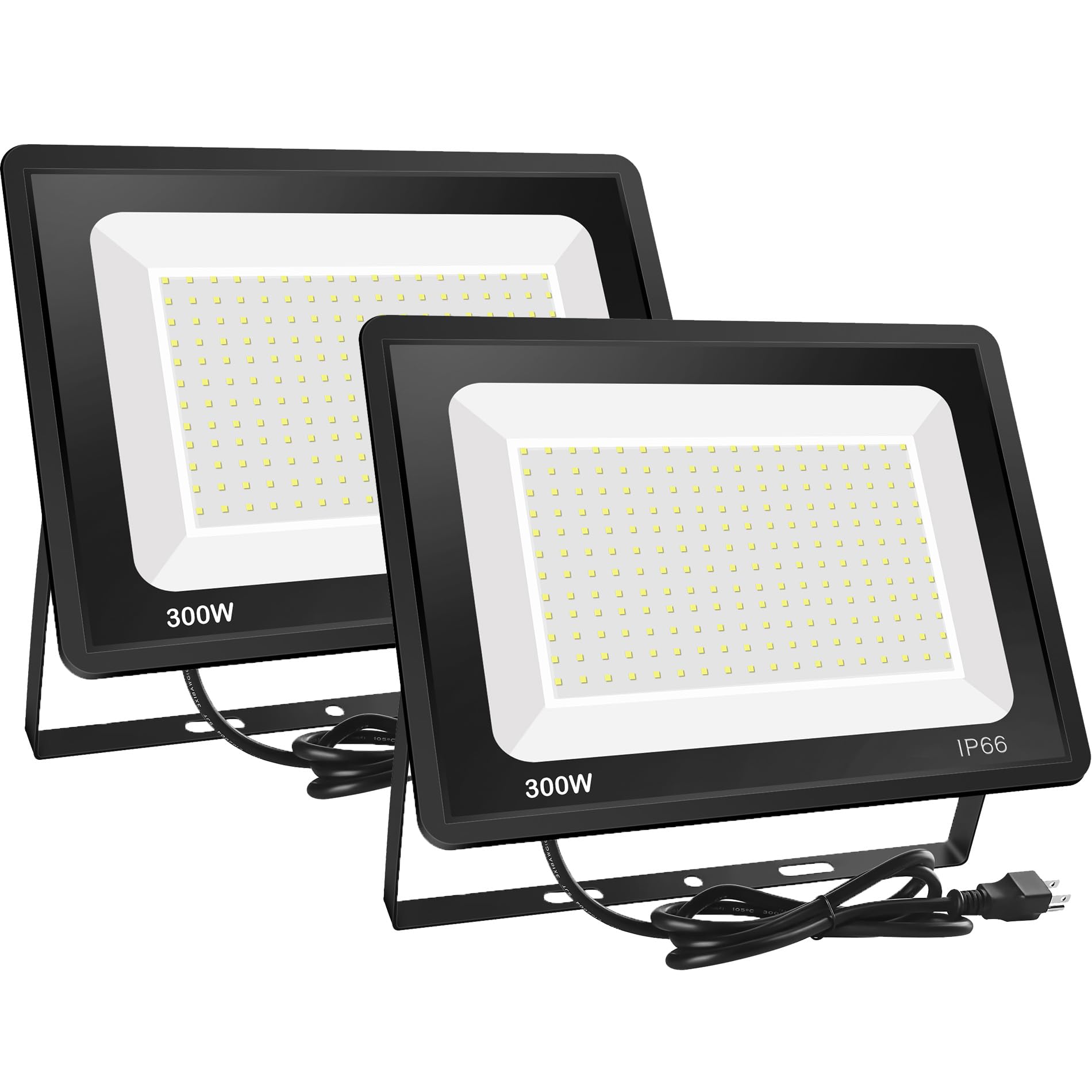 Gopretty 2 Pack 300W LED Flood Light Outdoor (1600W Equivalent)  36000LM Ultra Bright Security Lights  IP66 Waterproof Exterior Plug in Floodlight  6000K Daylight White for Lawn Yard Garden Stadium