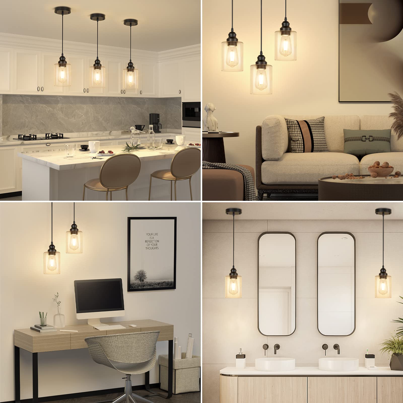 Licperron 3 Pack Black Adjustable Pendant Lighting Fixtures, Metal with Clear Glass Shade, Modern Design for Kitchen and Dining Room