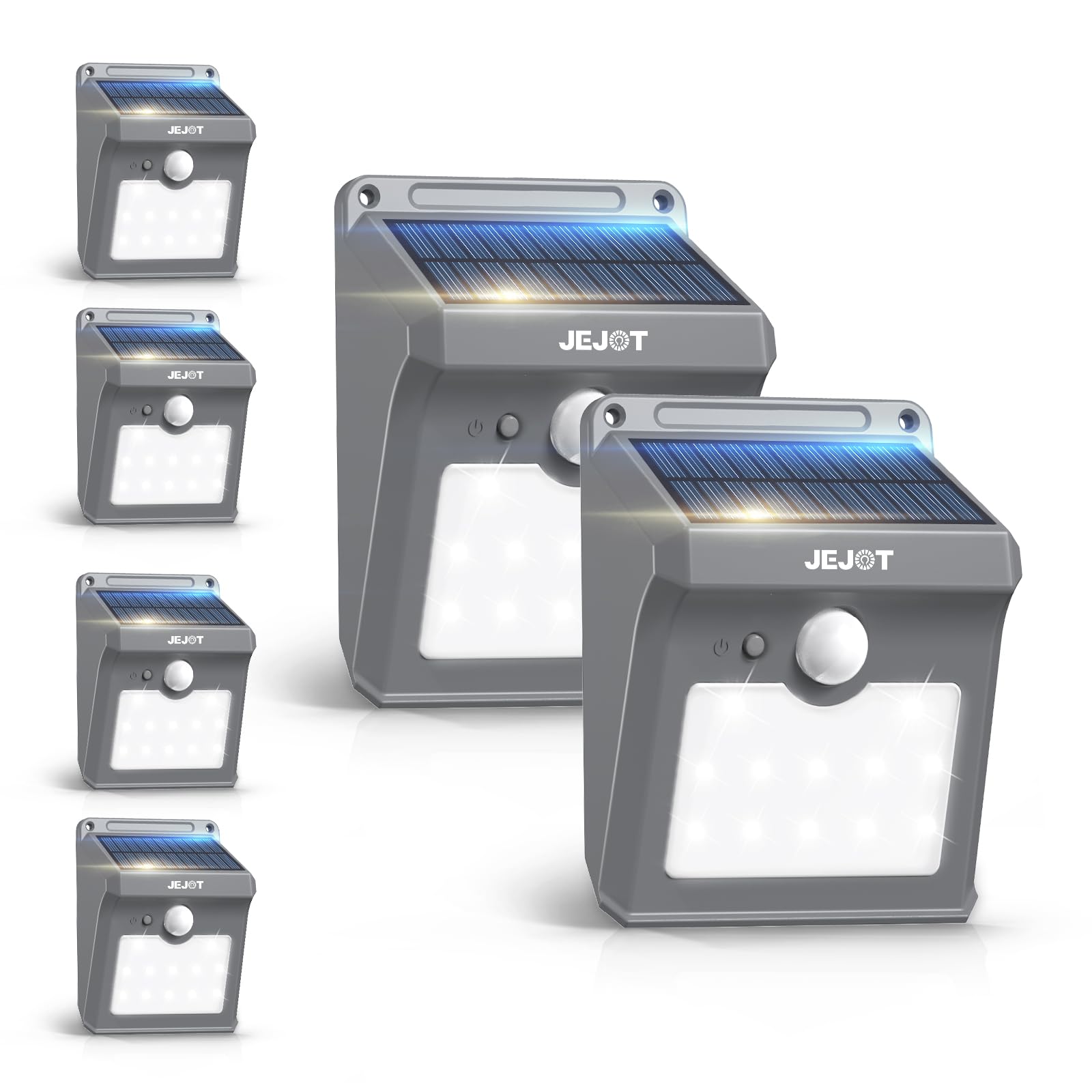 JEJOT Solar Motion Lights 6 Pack, 270° Wide Angle, 3 Modes, Waterproof, 4.9x3.9x2.0 inch, Gray, Model 5