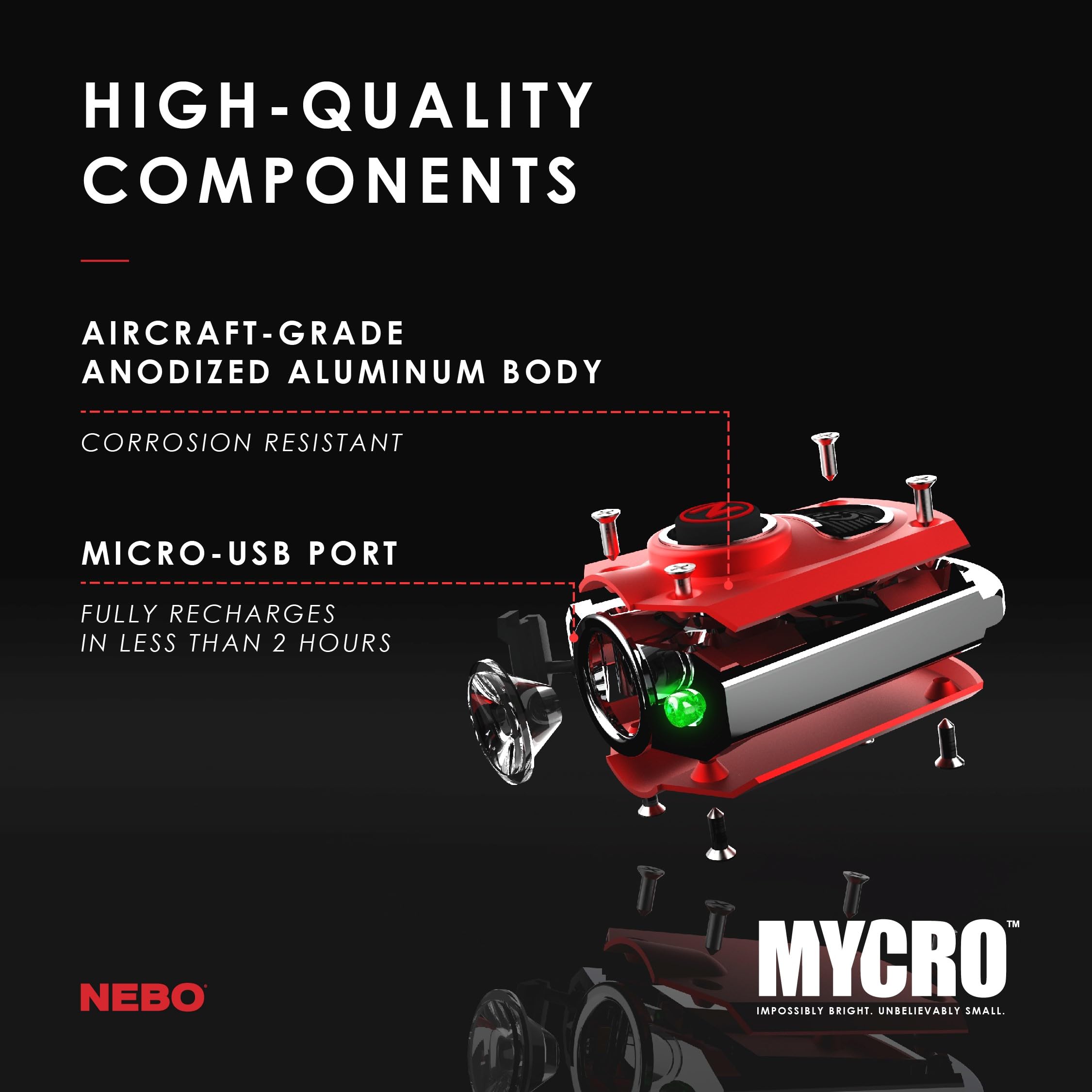 NEBO MYCRO USB Rechargeable LED Keychain Light, 6 Modes, Aluminum, One-Size, Red, Model NEB-KEY-0004