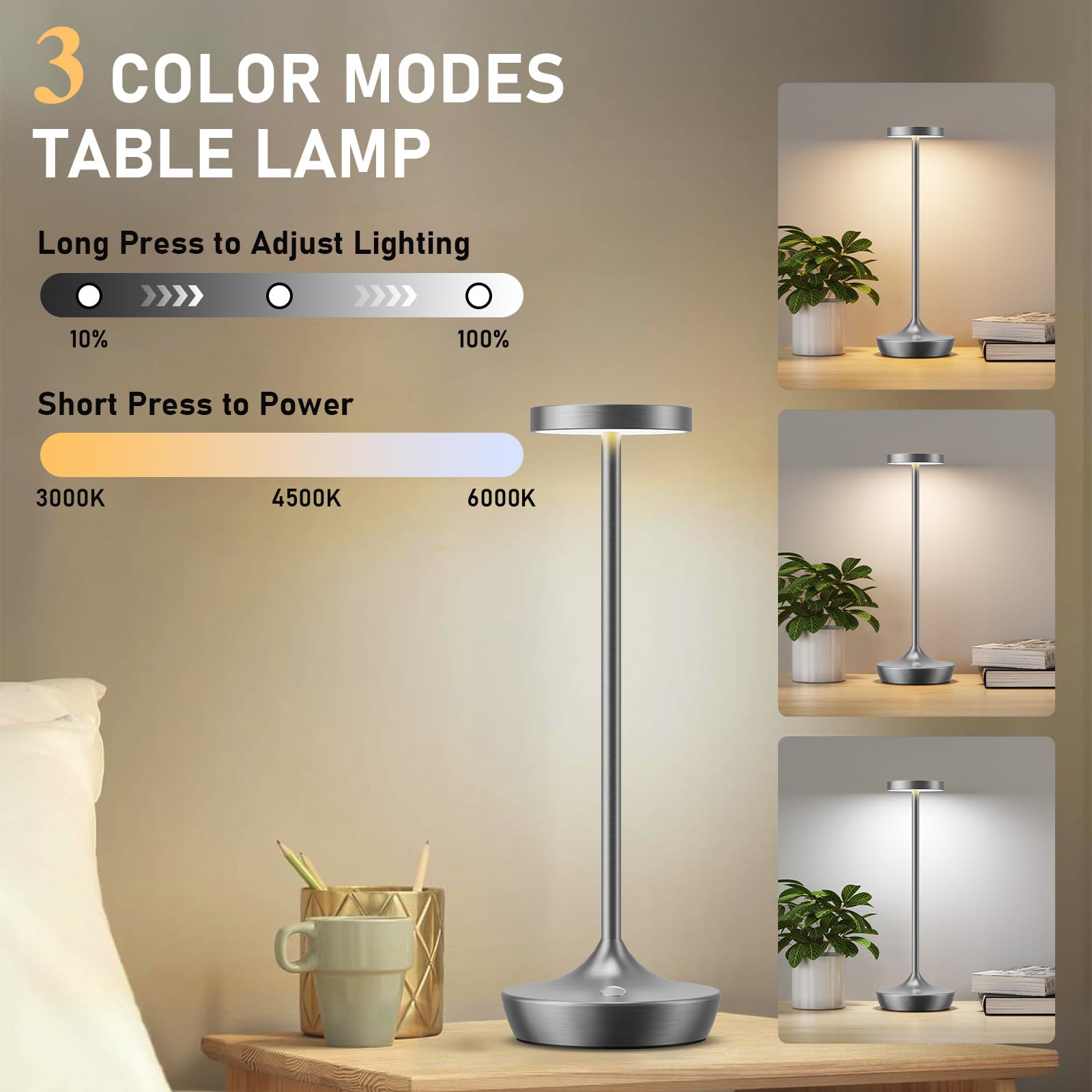 Tpczqj LED Cordless Table Lamp - Rechargeable, Waterproof, Touch Control, 3 Color Dimming, Gray, Portable for Outdoor/Indoor Use