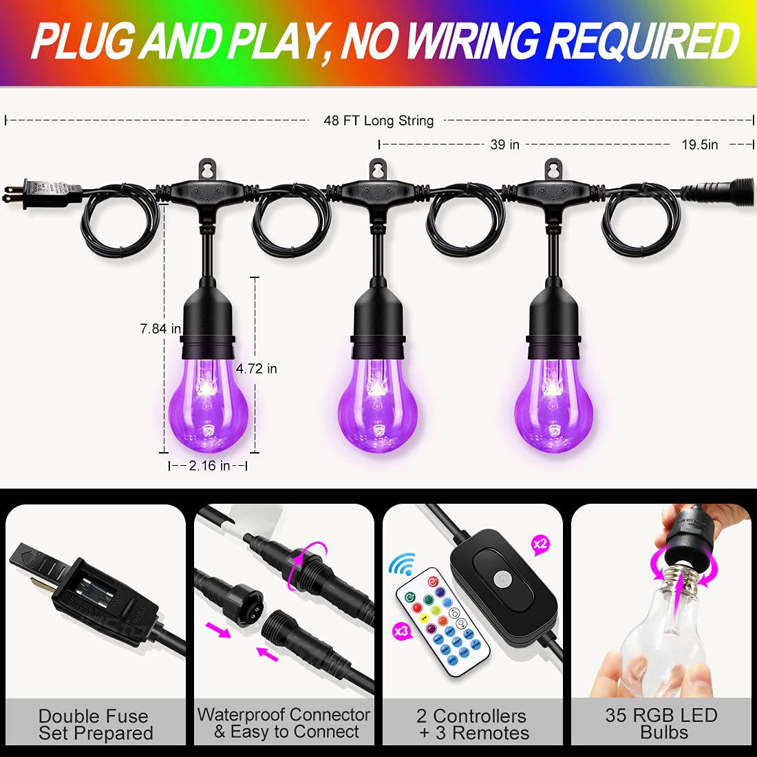 Ipstank 96Ft Outdoor Patio Lights Color Changing, Rgb Led String Lights With 32 E26 Shatterproof Edison Bulbs, Dimmable Patio St