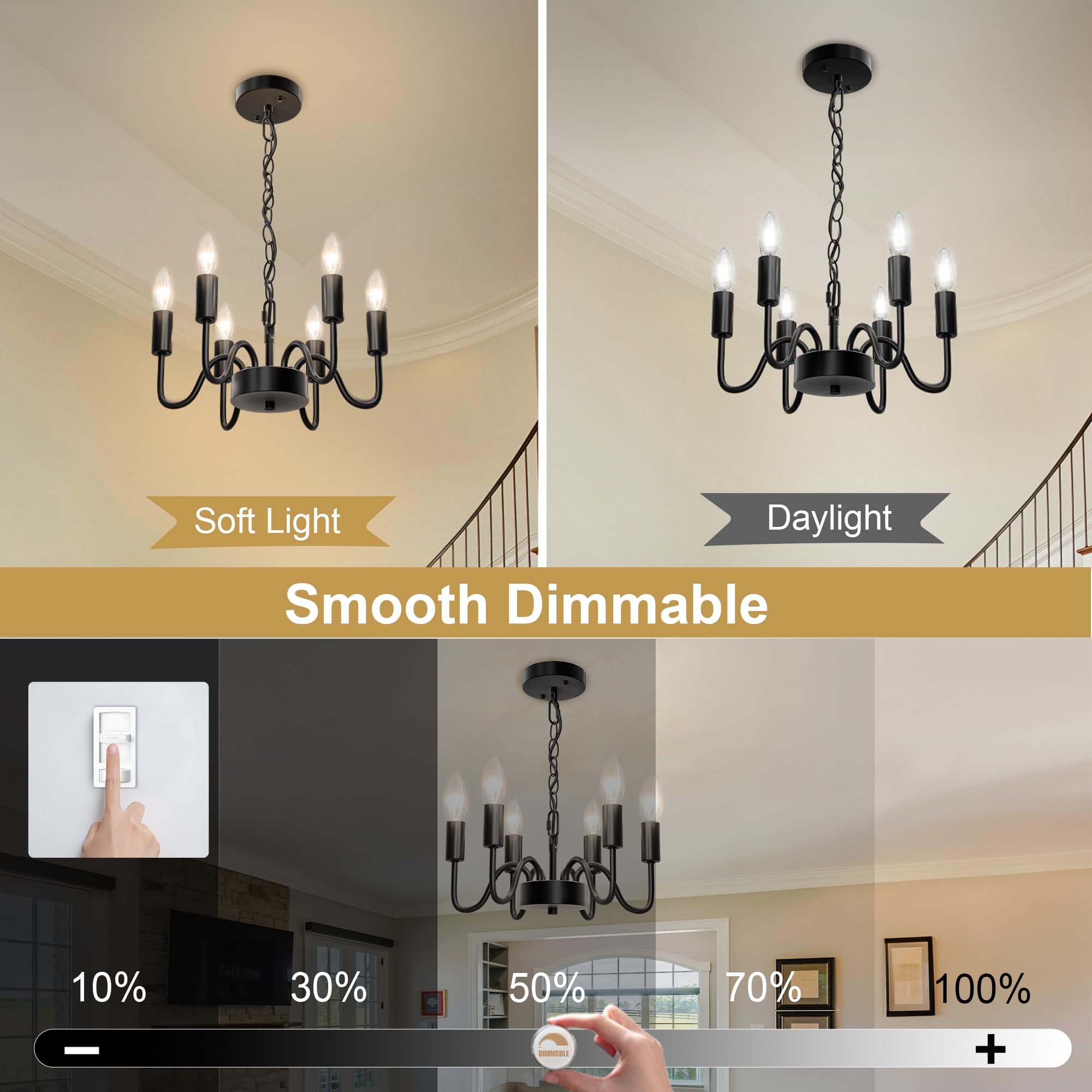 hansang Black 6-Light Farmhouse Chandelier, 47" Adjustable Rope Fixture, E12 Base, Modern Candle Design for Dining Room or Bedroom