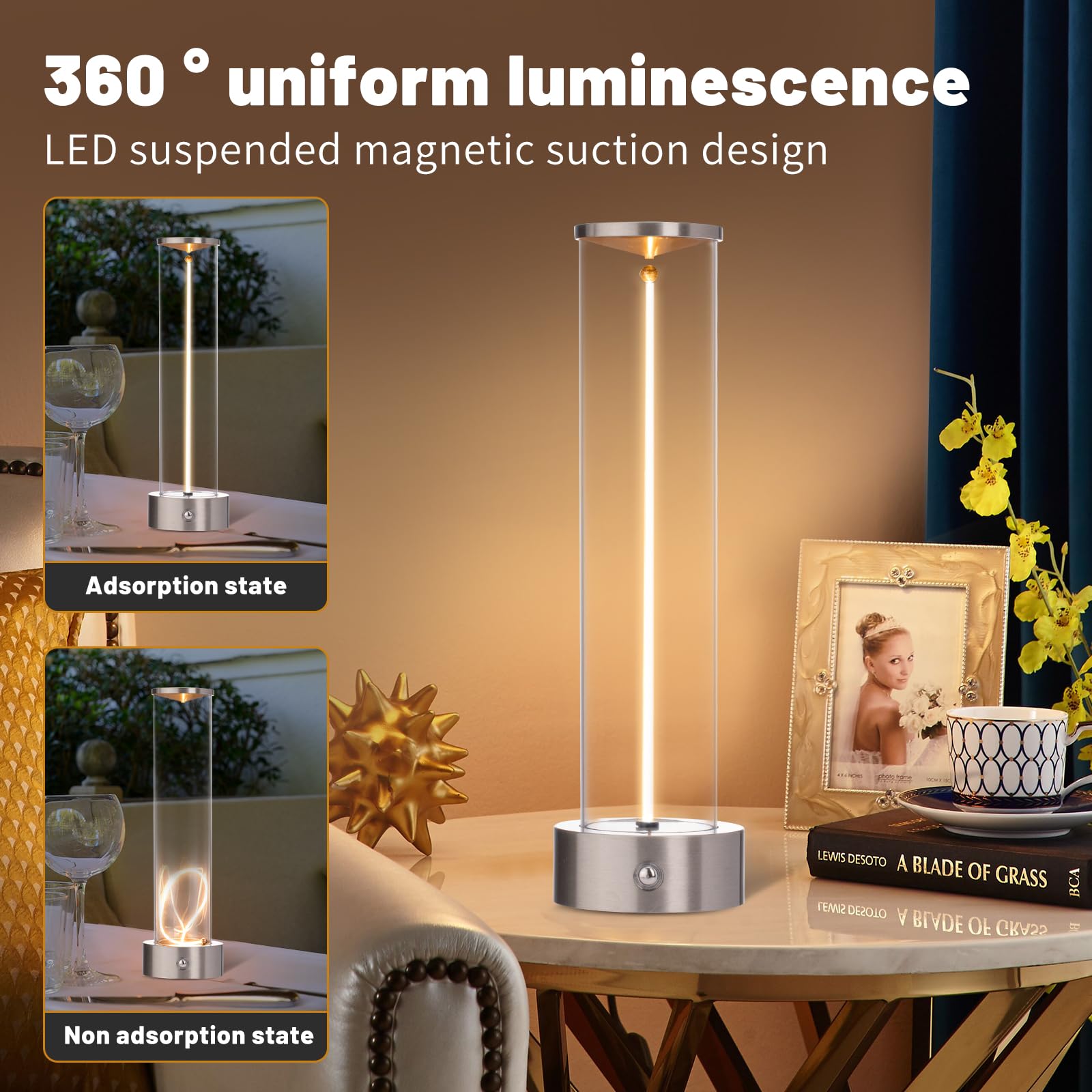 baishezhuan Cordless LED Table Lamp, Rechargeable, Touch Sensor, Dimmable, Silver, Model C-002