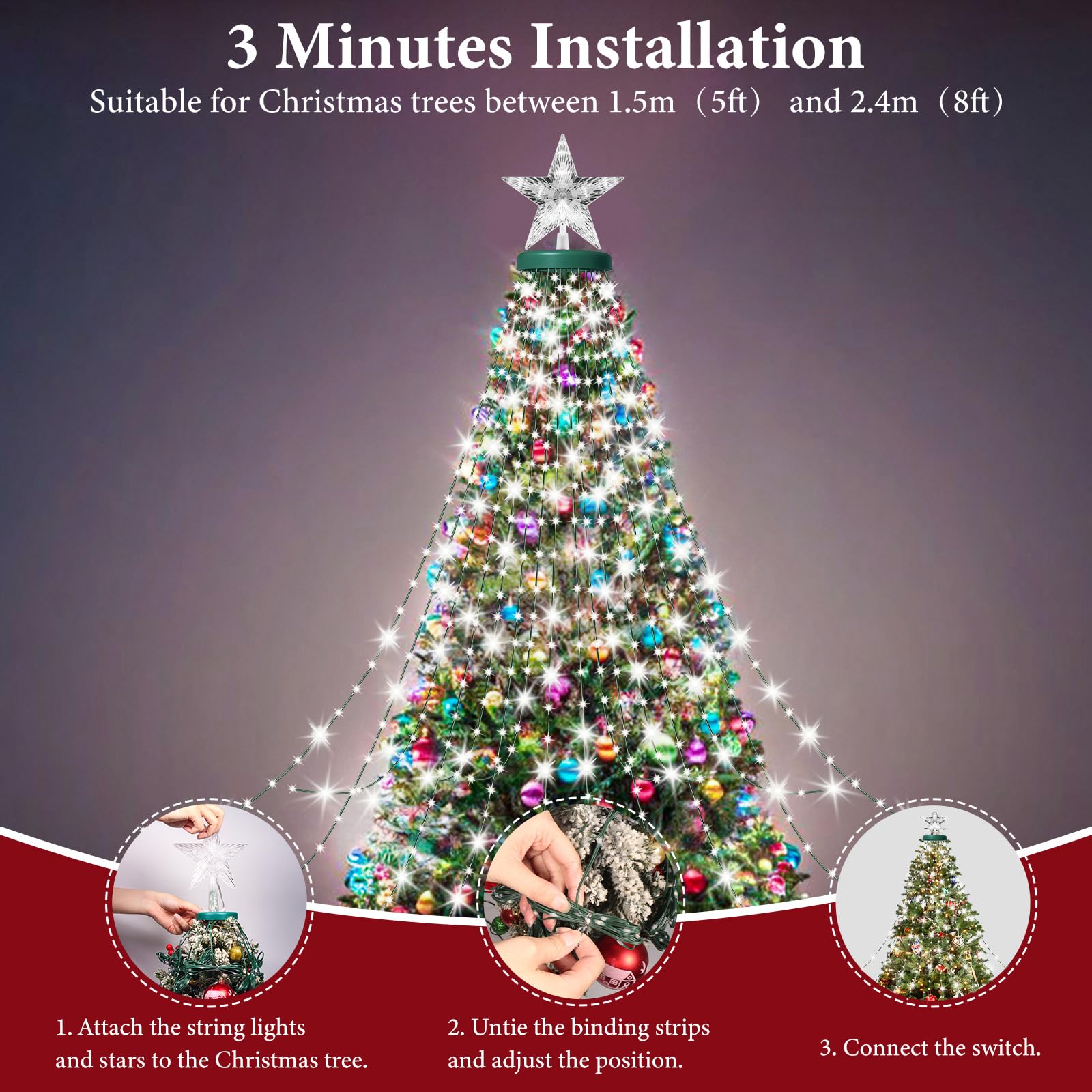 AMIPEPE Christmas Tree Lights, 410LED Fairy Lights, 6.6FT, Cool White, with Star Topper, Remote, 8 Modes for Indoor/Outdoor Xmas Decorations