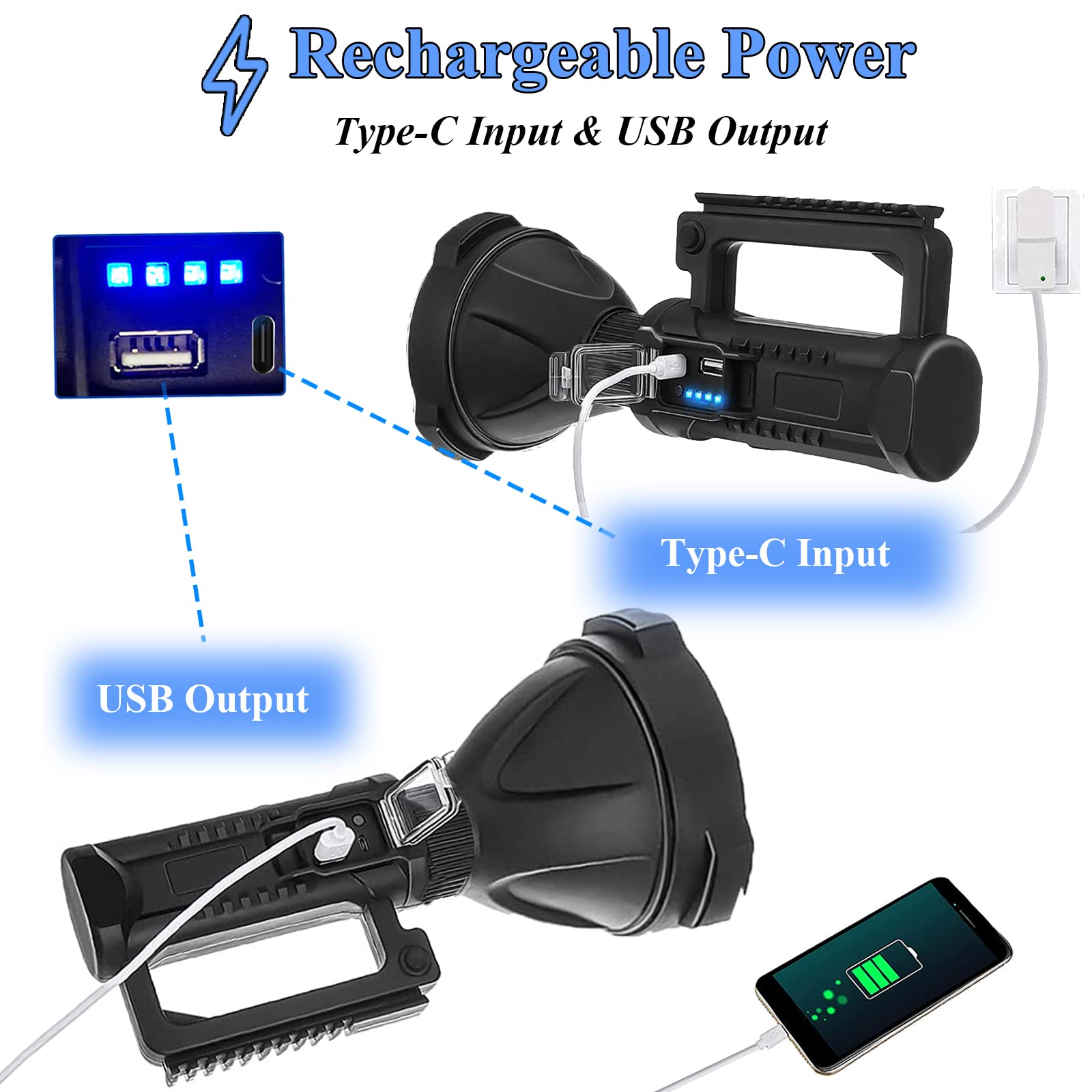 Sogidon Rechargeable Spotlight 2,000,000 Lumens LED Flashlight, IPX5 Waterproof, Large, Black, Model 01