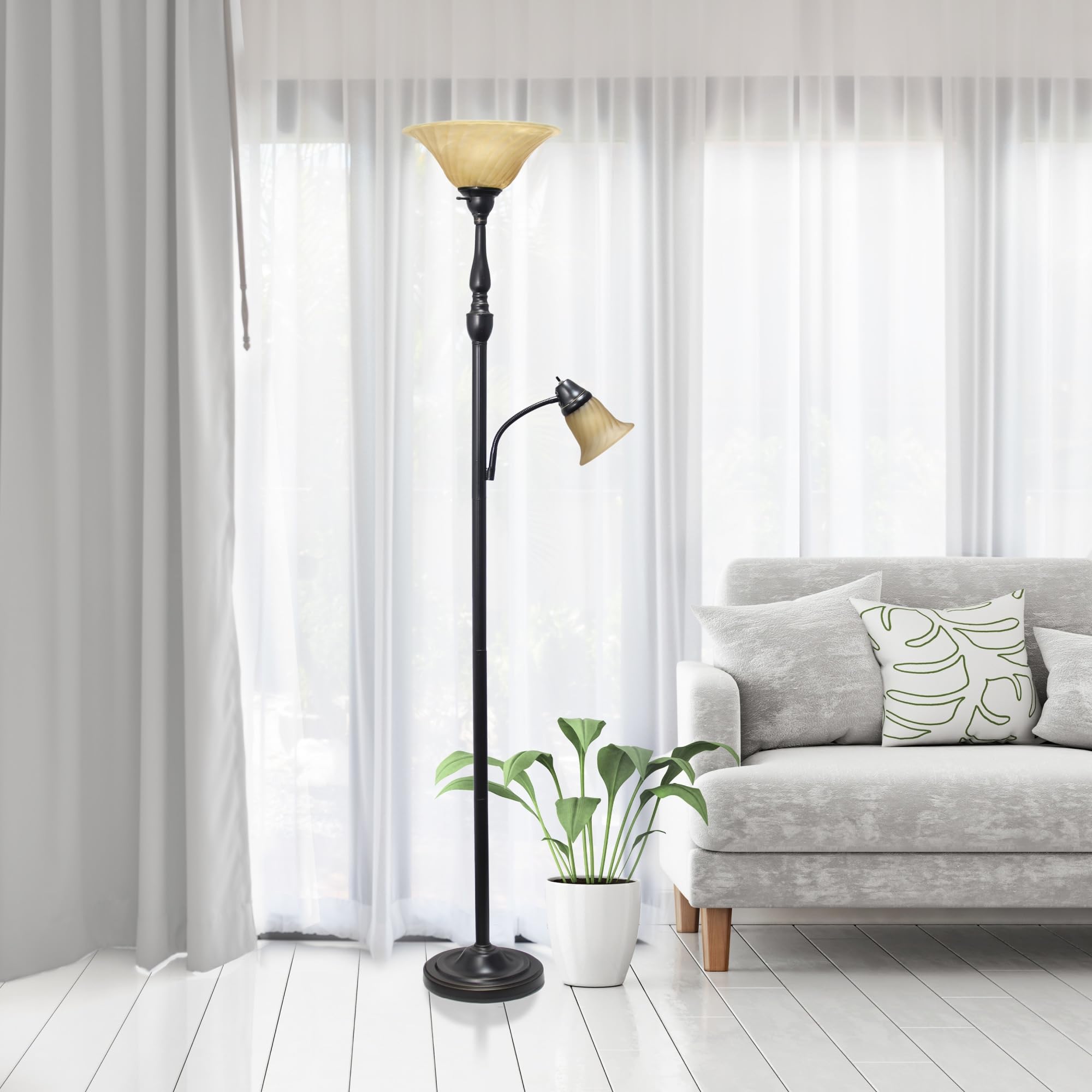 Elegant Designs Lf2003-Rba 2 Light Mother Daughter Floor Lamp With Amber Marble Glass Shades, Restoration Bronze And Amber