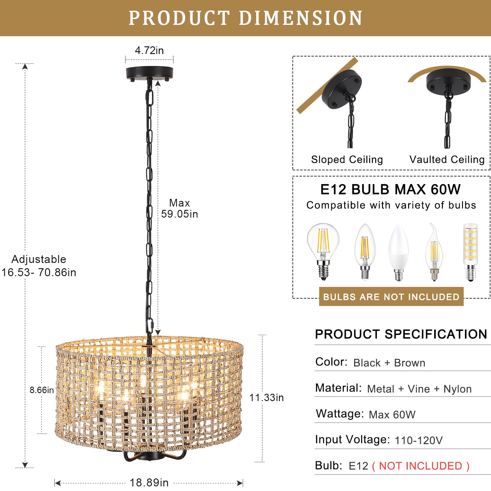 Mrhyswd 18.9 Hand-Woven Rattan Chandelier 5 Lights Farmhouse Boho Chandeliers For Dining Room Light Fixture Drum Wicker Hanging Pendant Lighting For Living Room Kitchen Island Foyer Hallway  E12