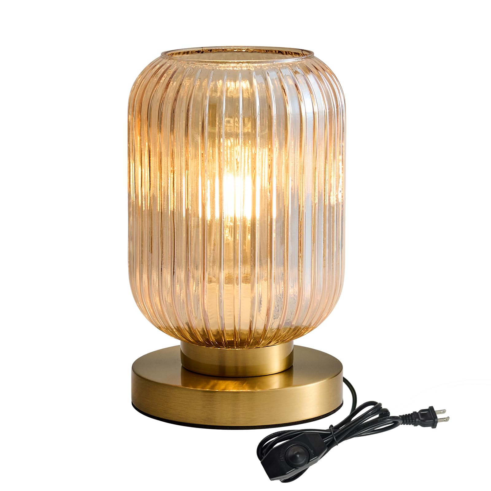 Glass Table Lamps Mid Century Modern Globe, Dimmable Amber Glass Table Lamp for Nightstand, Small Gold Table Lamp, Amber Pumpkin