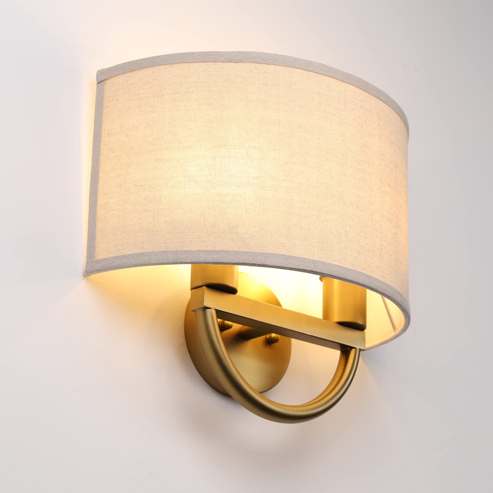 JIMUBEAM Industrial 2-Lights Wall Sconce, Brass Metal with Linen Fabric Shade, Model JMUS829DM2 for Hallway, Bedroom, Living Room, Bathroom