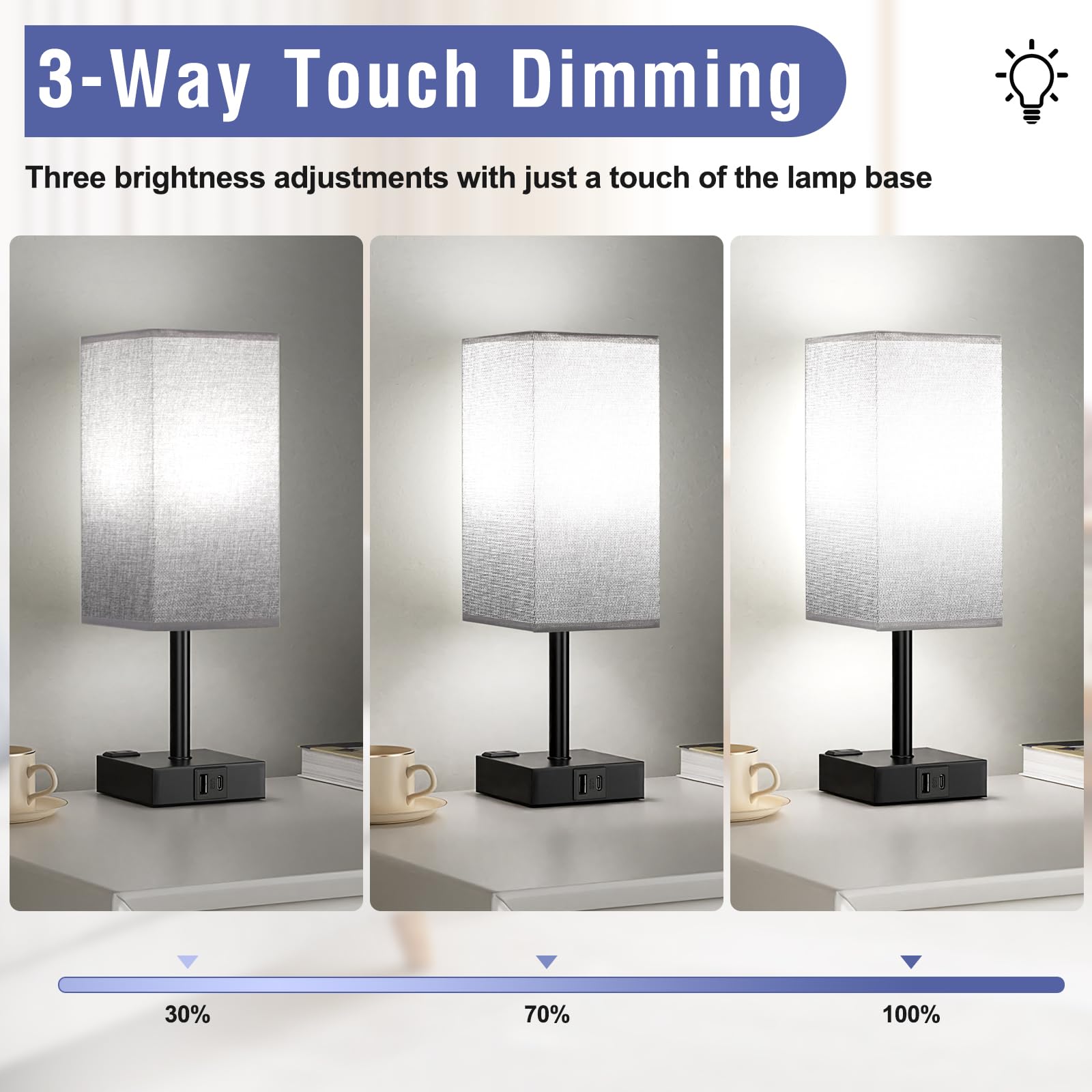 Black And Grey Bedside Lamp For Nightstand - Touch Table Lamp With Type C + A And Ac Outlet, Square Charging Lamps For Bedroom D
