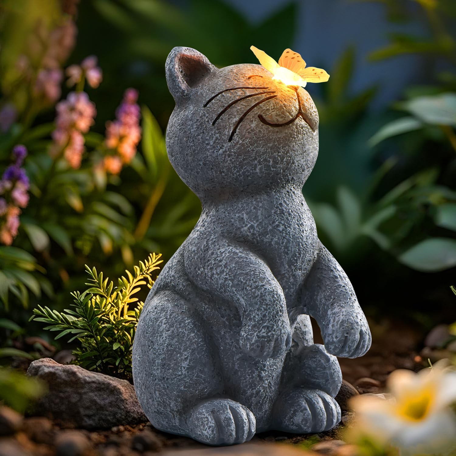 DyBaxa Solar Garden Décor Cat Statue - Dark Gray Resin Butterfly Light for Outdoor Patio, Balcony, Yard, Gifts for Women, Mom, Grandma