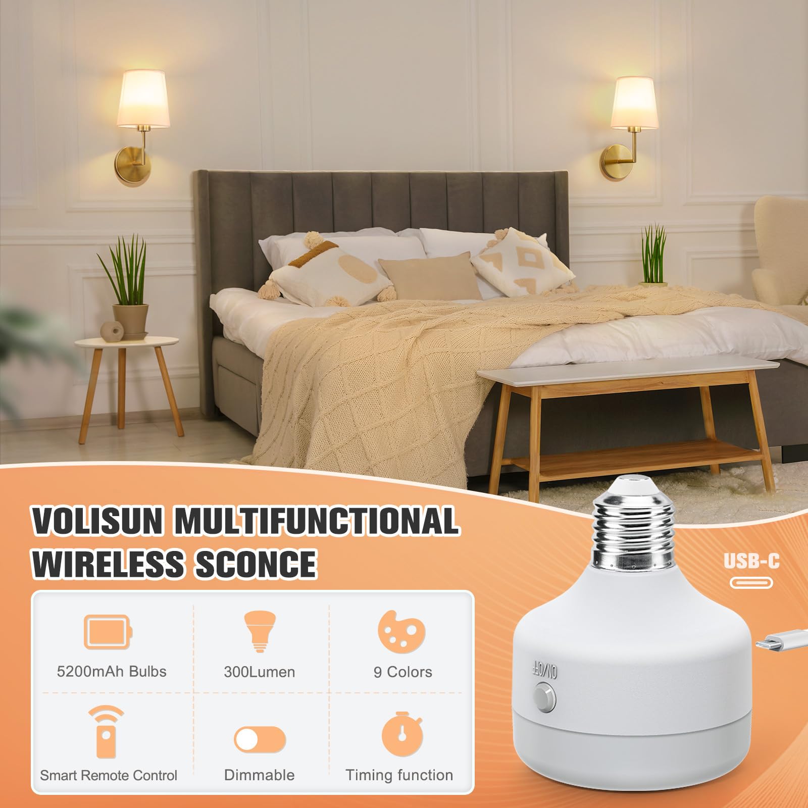 Volisun Battery Operated Wall Sconce Set Of Two,Gold Wireless Sconces With Romote And Rechargeable Bulbs,9 Colors Indoor Wireles