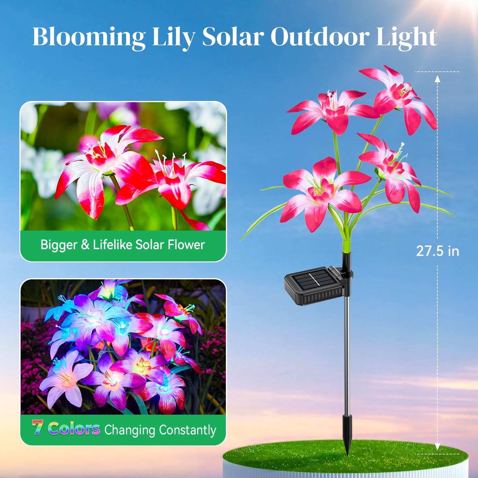 Ahaorigin Solar Garden Lights Outdoor  4 Pack Blooming Lily Solar Flowers Outdoor Waterproof  7 Color Changing Bigger Flower Lights For Yard Patio Decor  Gift For Mom
