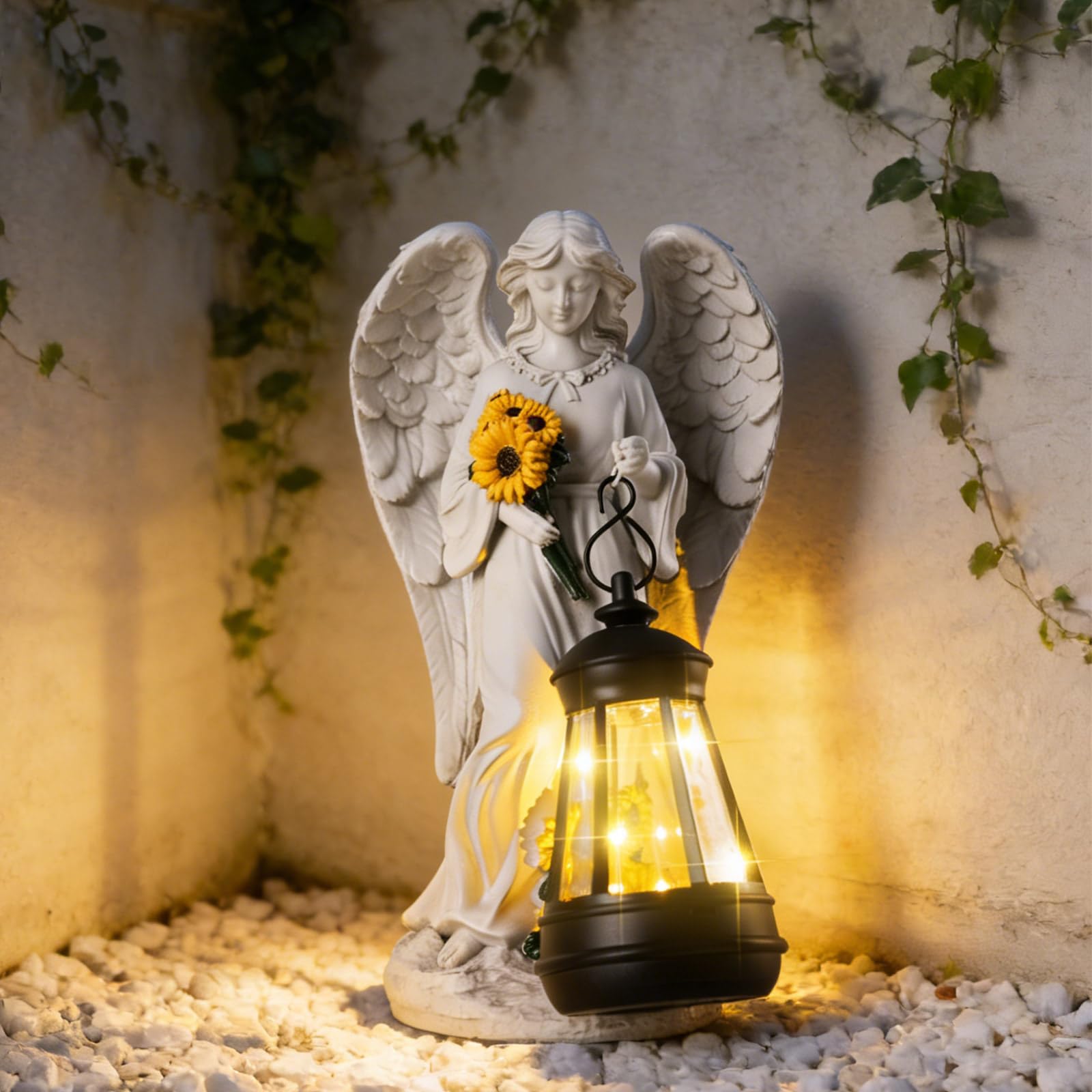 JJALIGHTS Sympathy Gifts for Loss of Loved One- 8.8 Resin Angel Figurines Holding Sunflowers Waterproof Angel Decor Cemetery Dec
