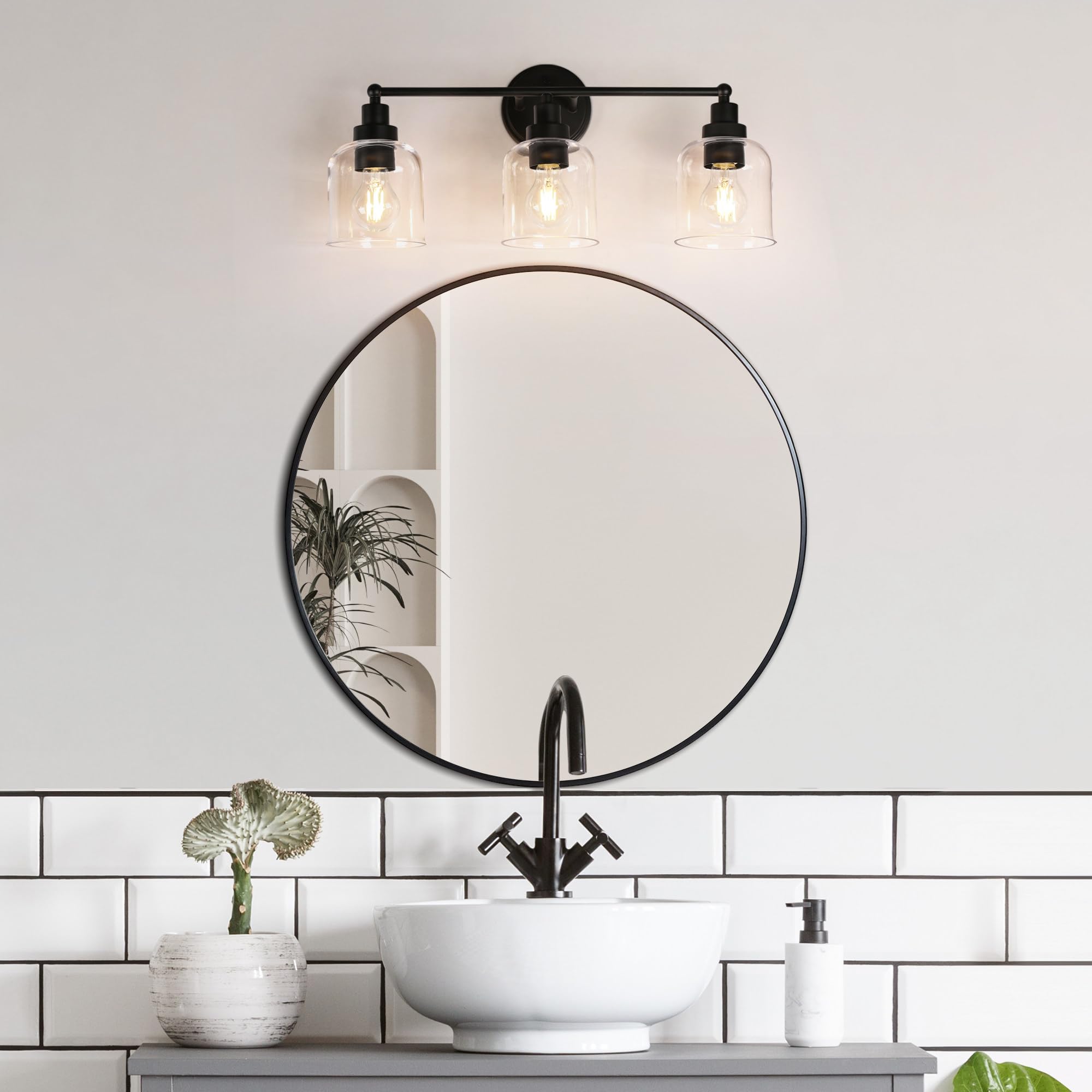 GEPOW 3-Light Bathroom Wall Light Fixture, Black Metal with Clear Glass Shade, Modern Farmhouse Design
