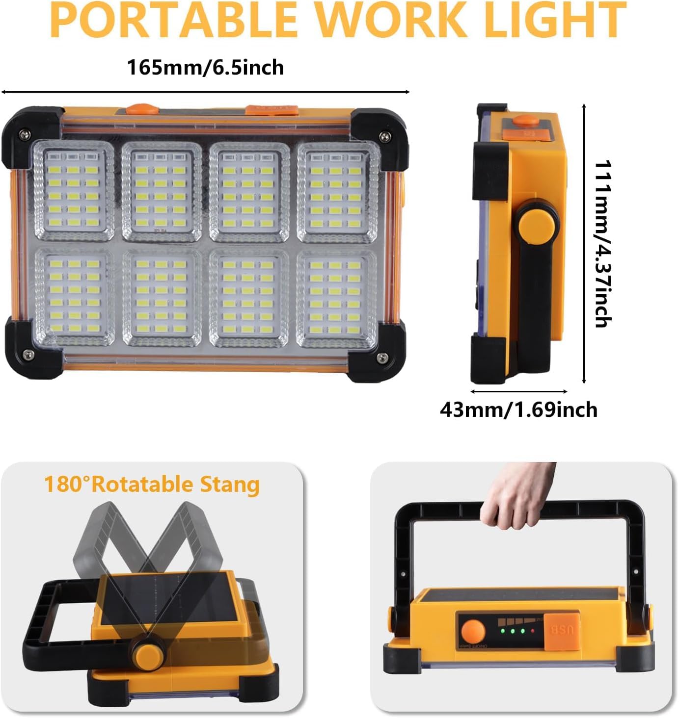 YXQUA 2 Pack 120W Solar Work Light, 144 LED 10000LM, IP66 Waterproof, Portable with Stand, Yellow, Model LP-246145-2