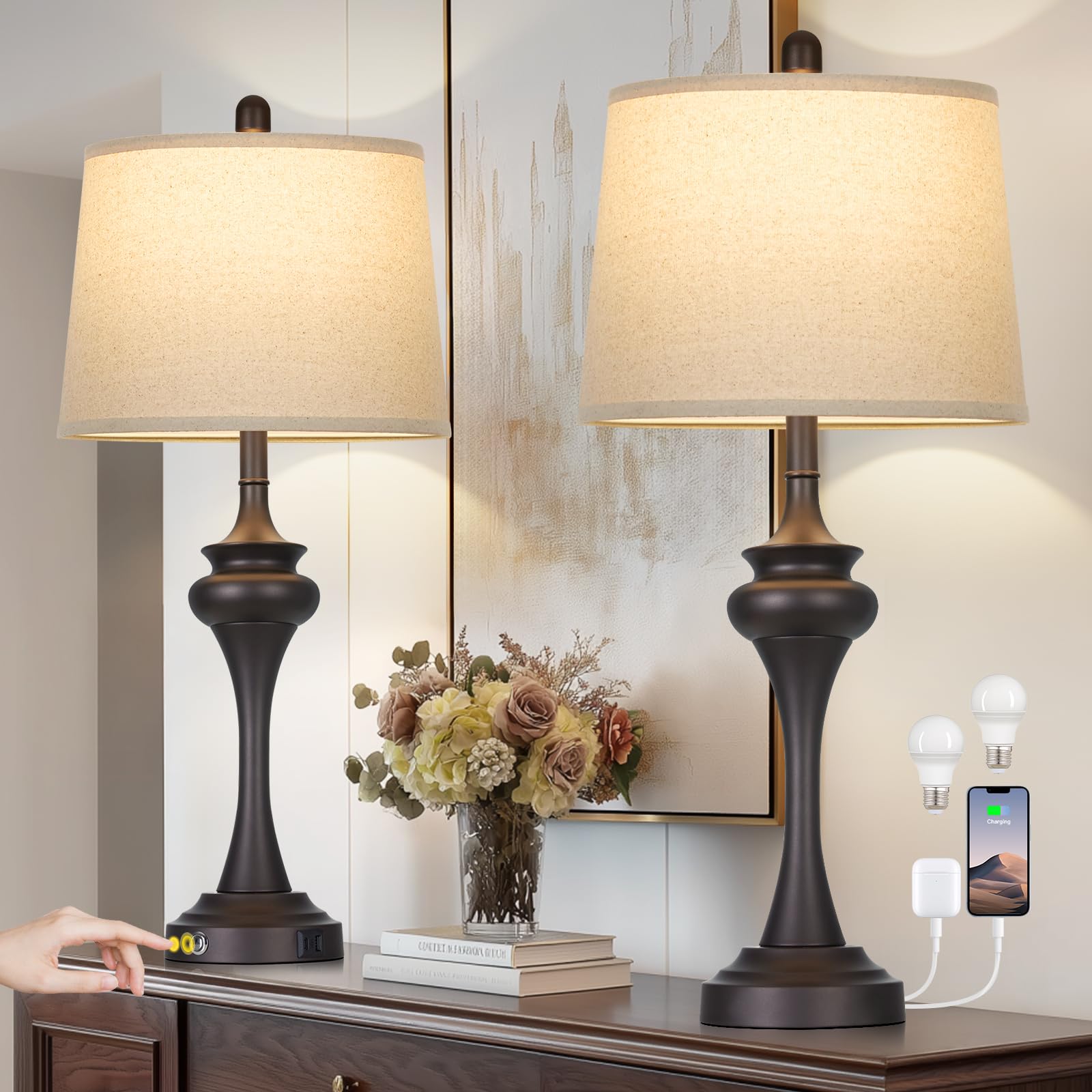 Rinweey 30 Brown Table Lamps for Bedroom  3-Way Touch Control Bedside Lamps Set of 2  Tall Lamp for Living Room with USB A+C Ports  Elegant Coffee Night Stand Lamp for End Table  2 Bulbs Included