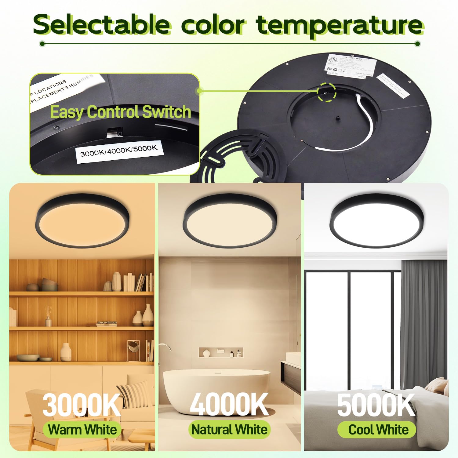 hykolity LED Round Flat Panel Light, 9 Inch, 18W, 1800LM, Selectable CCT 3000K/4000K/5000K, Black