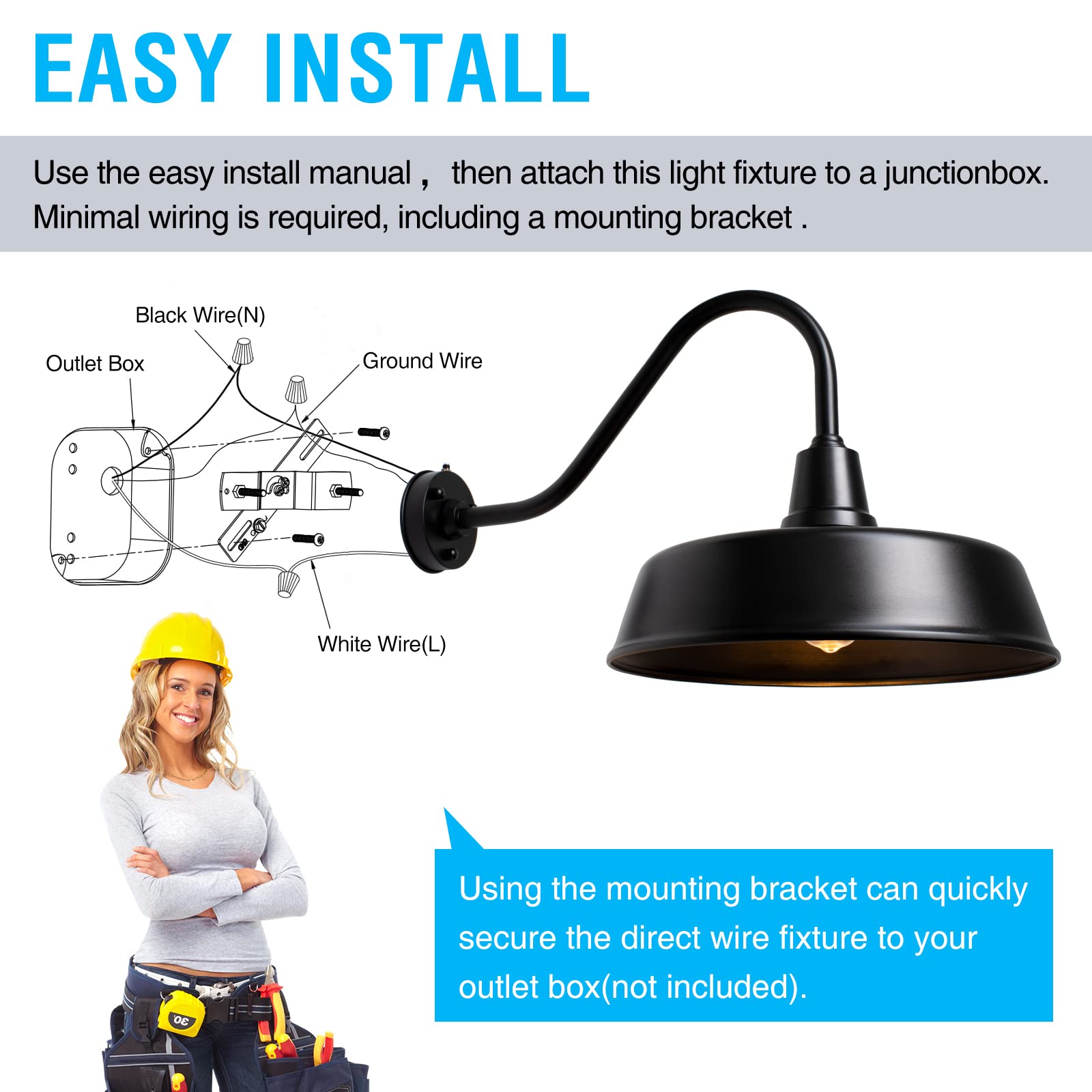 METOJIA Gooseneck Barn Light - 18" Black Metal Exterior Sconce with Dusk to Dawn Sensor for Porch, Garage, and Front Door