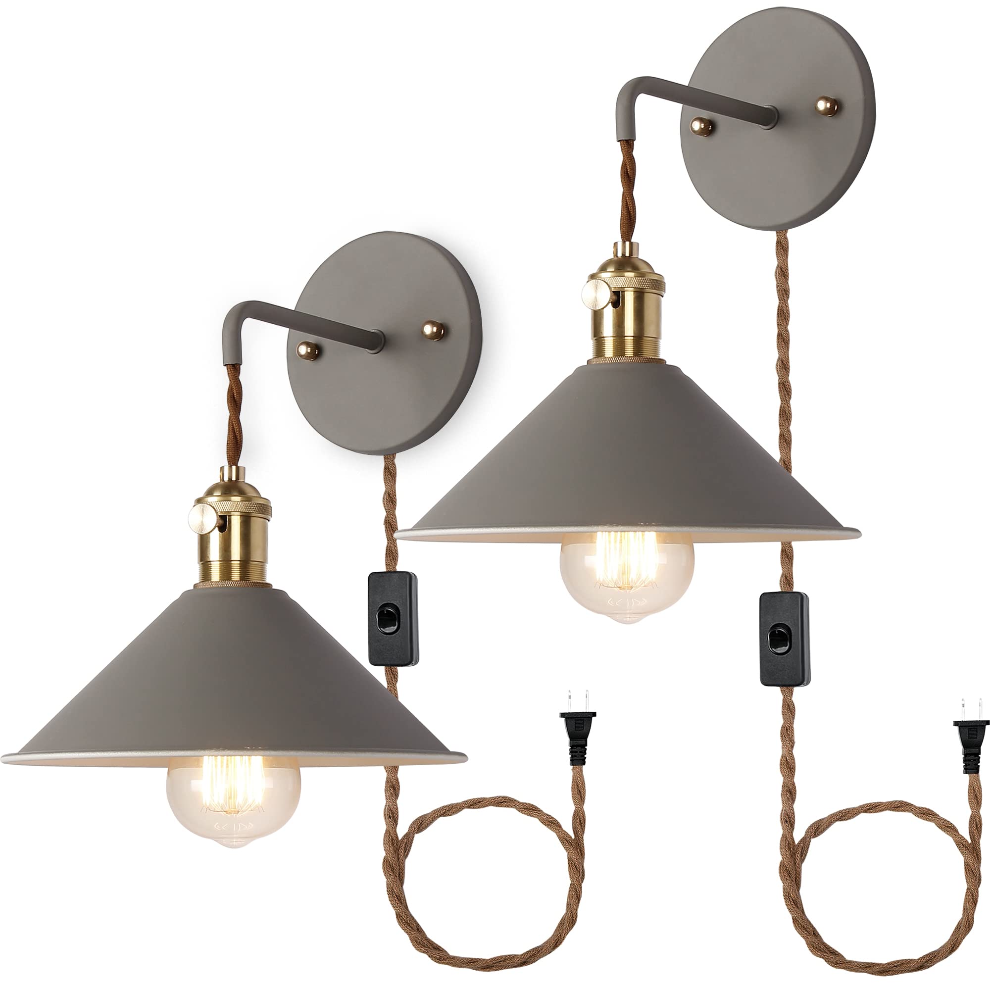 iYoee Gray Plug-in Wall Sconces Set of Two, E26 Brass Lamp Holder, 2 Pack