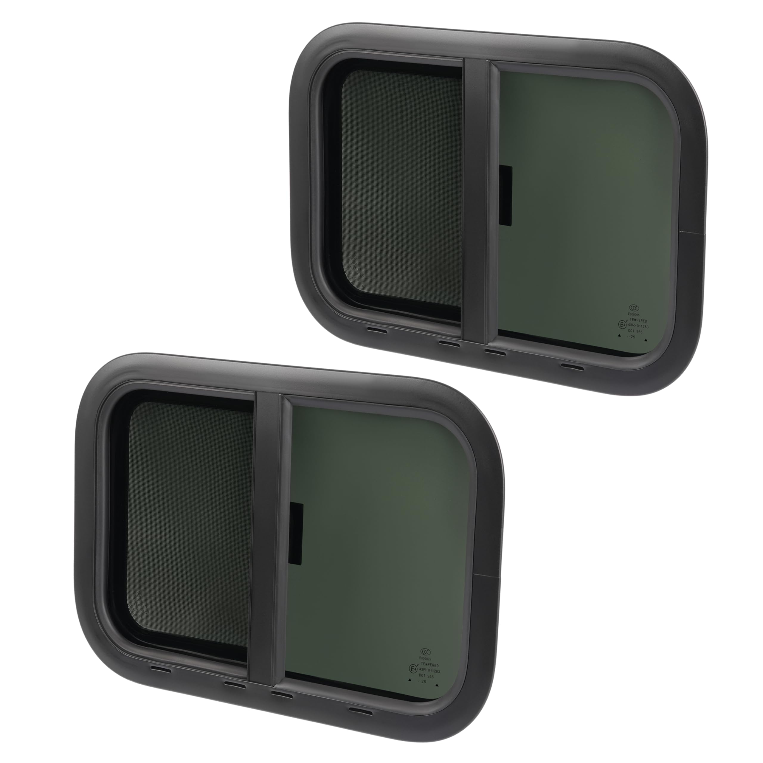 HECASA 2Pcs 21 W x 14 H Universal Horizontal RV Window Kit Teardrop w/Trim Ring & Mesh Screen Tinted Side Window For Camper  Trailer  Truck Tempered Glass Aluminium Plastic Rubber Black