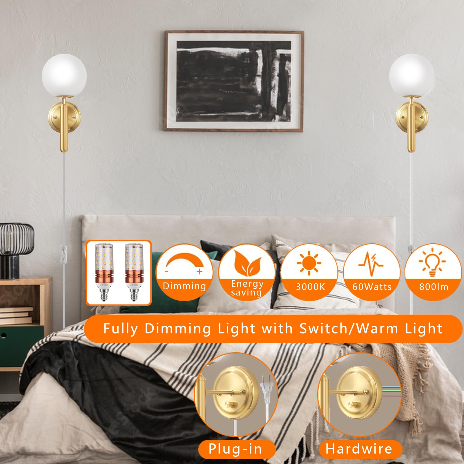 Femusytt Dimmable Plug In Wall Sconces Set Of 2, Gold Plug In Wall Sconce With Glass Globe Mid Century Modern Corded Two Light Wall Lamp Decor For Bedroom Bedside Living Room(Bulb Included)