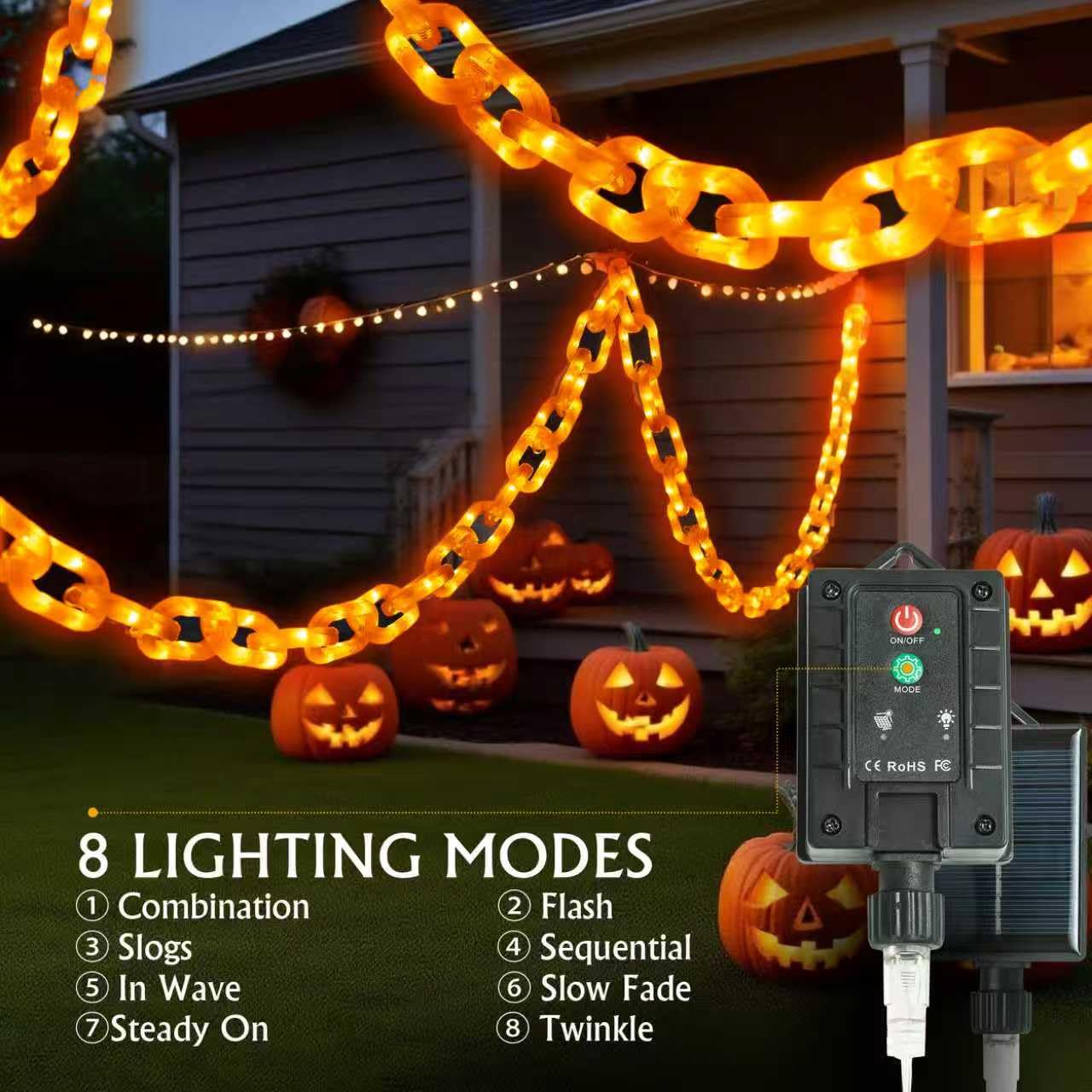 Halloween Decoration Solar Light String 6.6Ft  100 Led Orange Chain Lights. Ip44 Waterproof  8 Lighting Modes. Perfect For Horror Costume Accessories  Haunted House Courtyards & Halloween Party Decor.