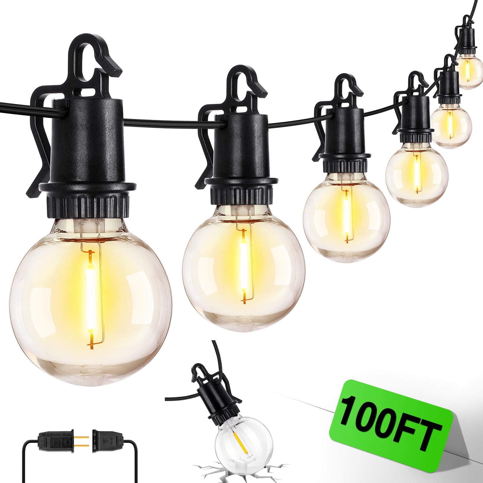 ZJOJO 100FT Outdoor String Lights, G40 Globe with 30 LED Bulbs, IP65 Waterproof, Black, Model GYPC-O30LAU