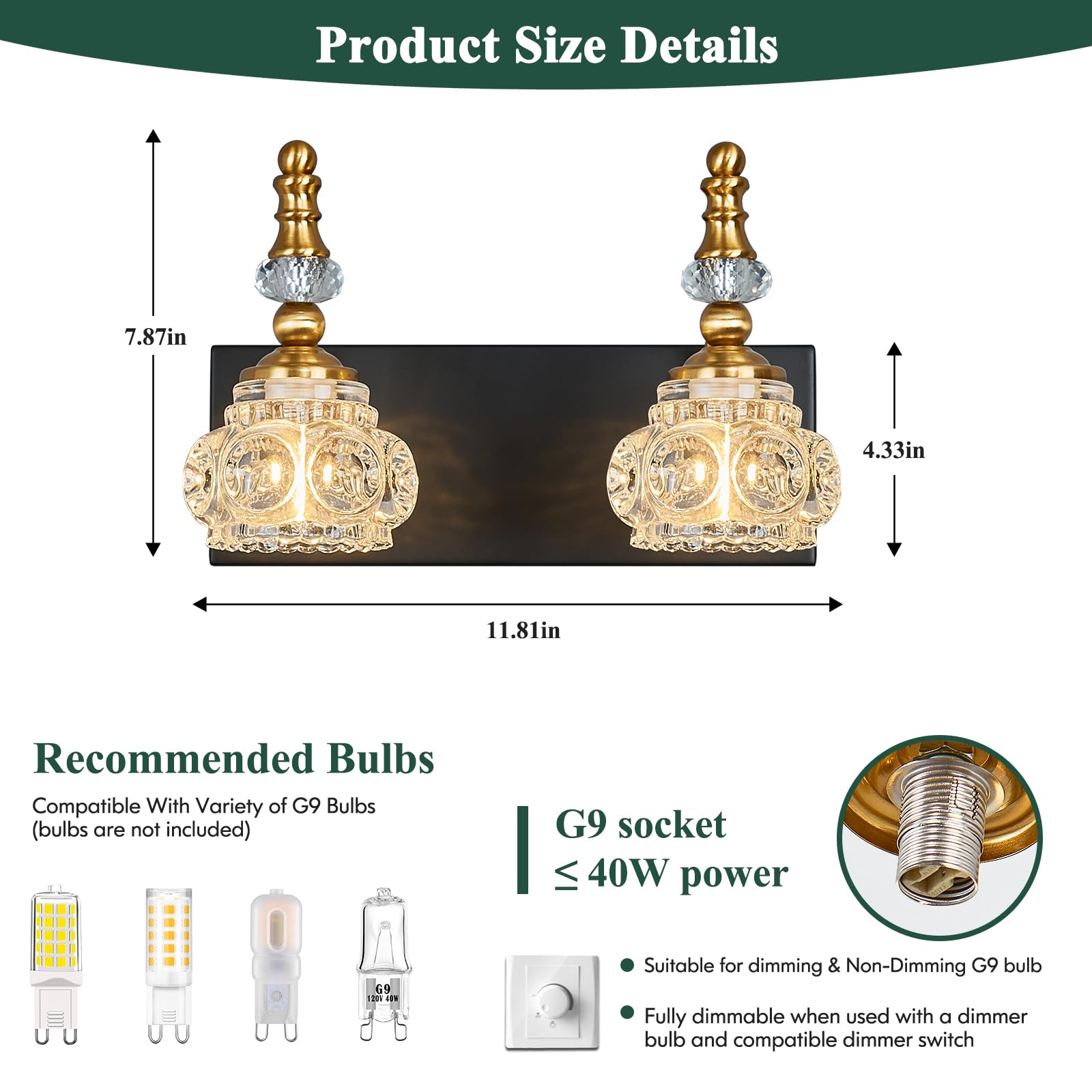 Lbsqj Modern Glass Crystal Vanity Light - Vintage Bathroom Lighting Fixtures Over Mirror  2 Light Vanity Lights G9 Bulb (11.81 Inch  Black Gold)