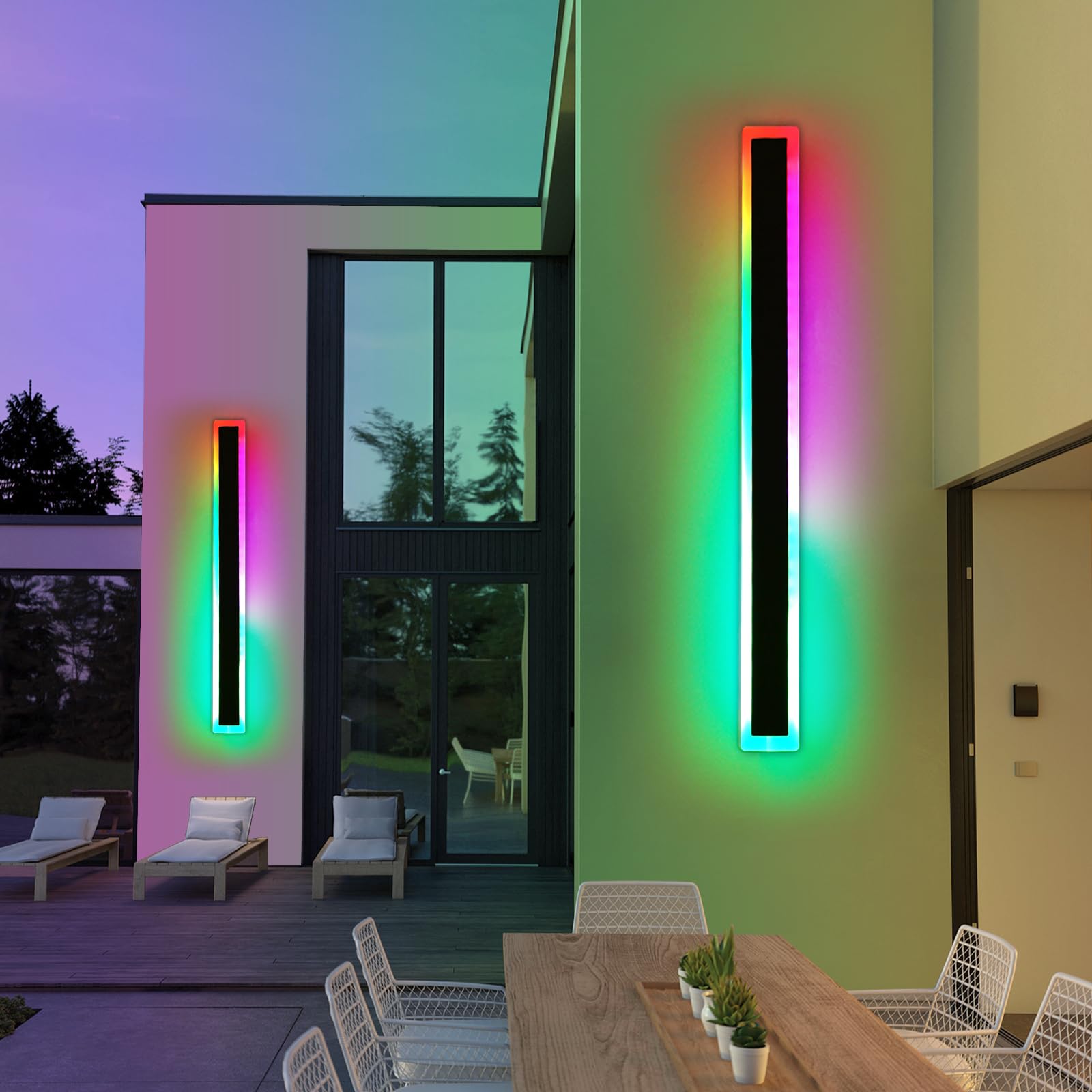 Daoseolo Modern Outdoor Wall Light - 59" RGB LED Sconce, IP65 Waterproof, Acrylic, Remote Control, Black Aluminium, 2 Pack