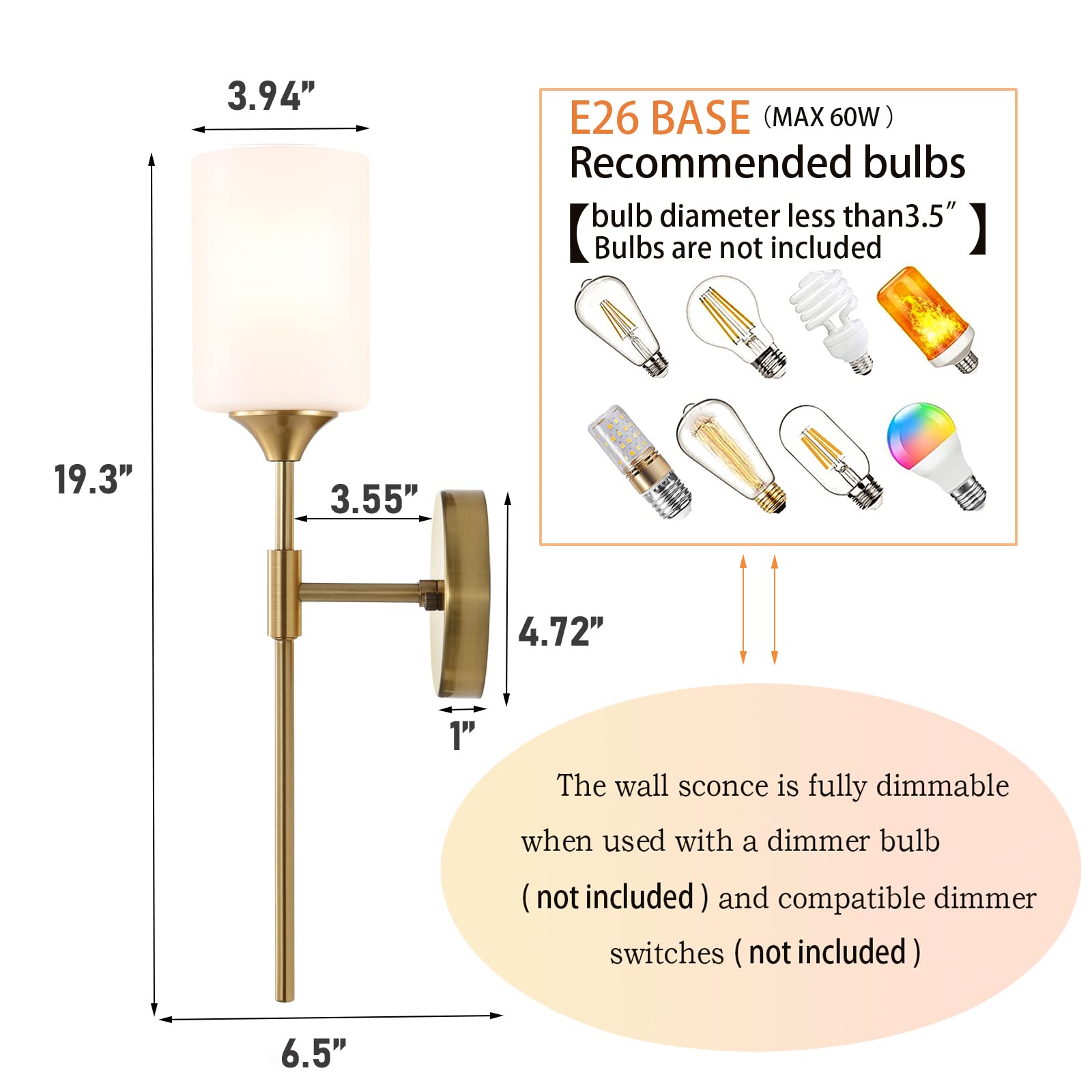 BYOLIIMA Gold Wall Sconce Set of 2 - Modern Metal Bathroom Vanity Light with White Cylinder Glass Shades, Brushed Brass Finish