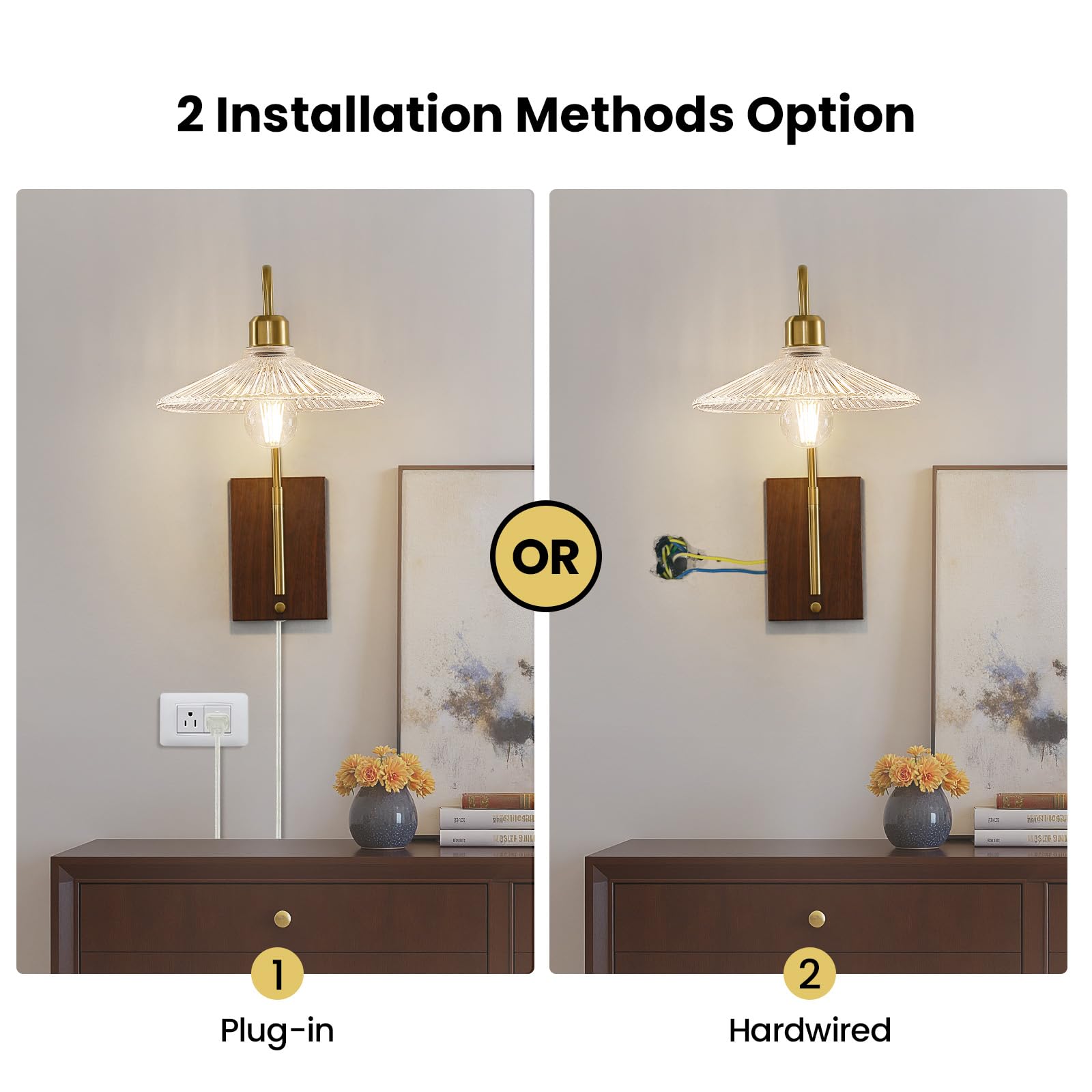 AIJIASI Gold Plug-in Wall Sconces Set of Two with Glass Shade, Swing Arm Design for Bedroom, Bathroom, Living Room (Model 8240WL)