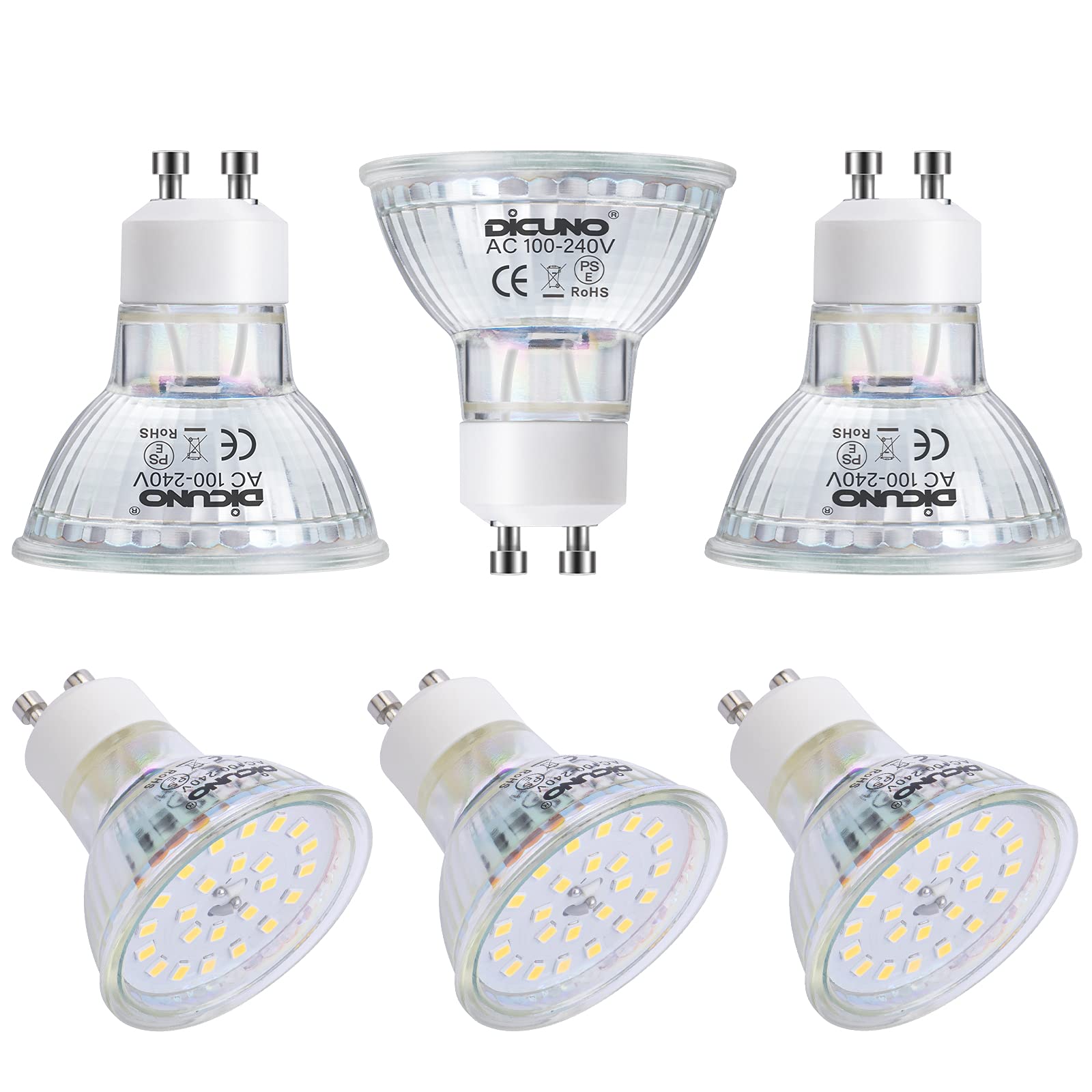 DiCUNO GU10 LED Light Bulbs, 6W 60W Halogen Replacement, Bright Daylight White 5000K, 700lm, Full Glass Cover 120 Degree Beam An
