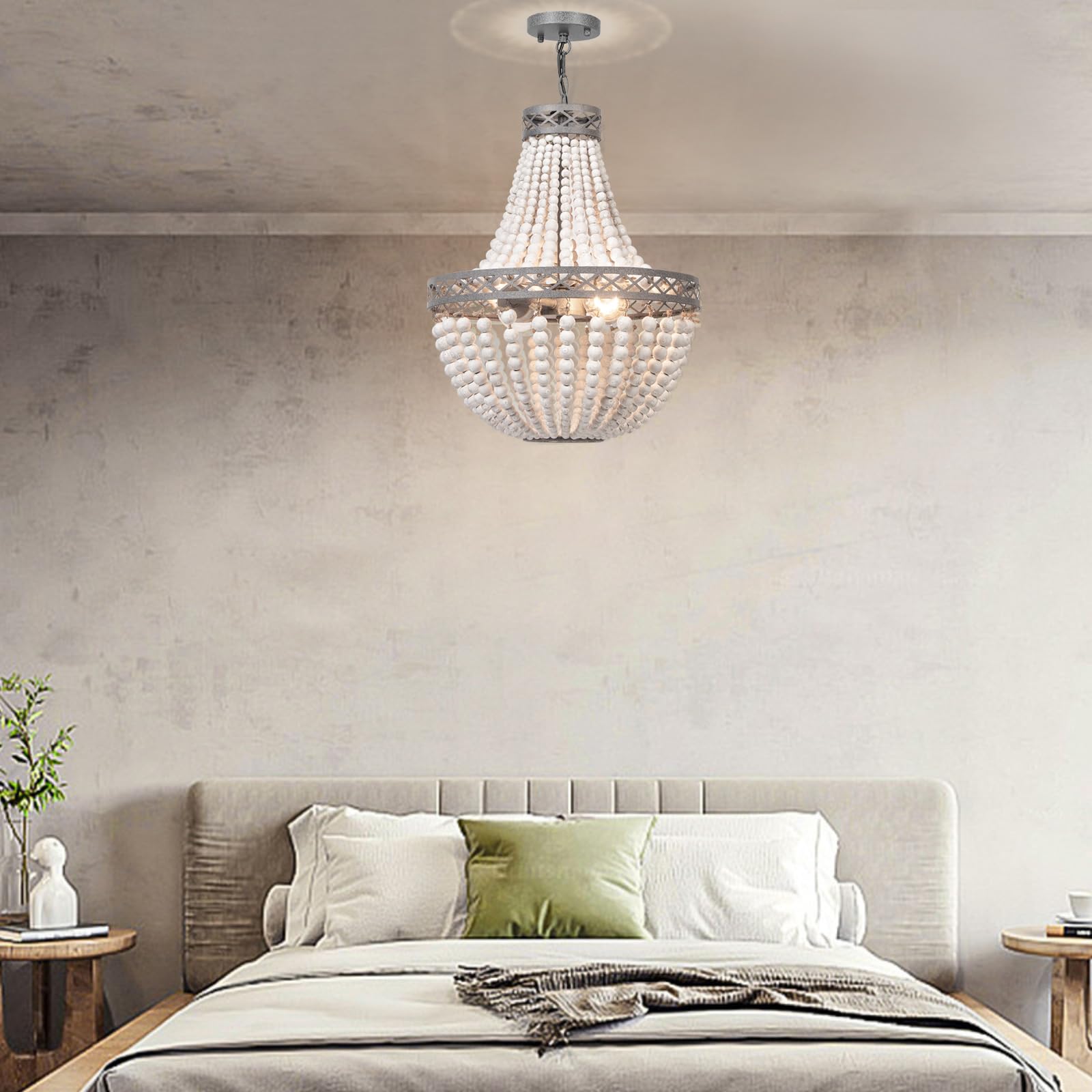 Firvre Wood Beaded Chandelier - Rustic Vintage Boho Light Fixture For Living Room & Kitchen