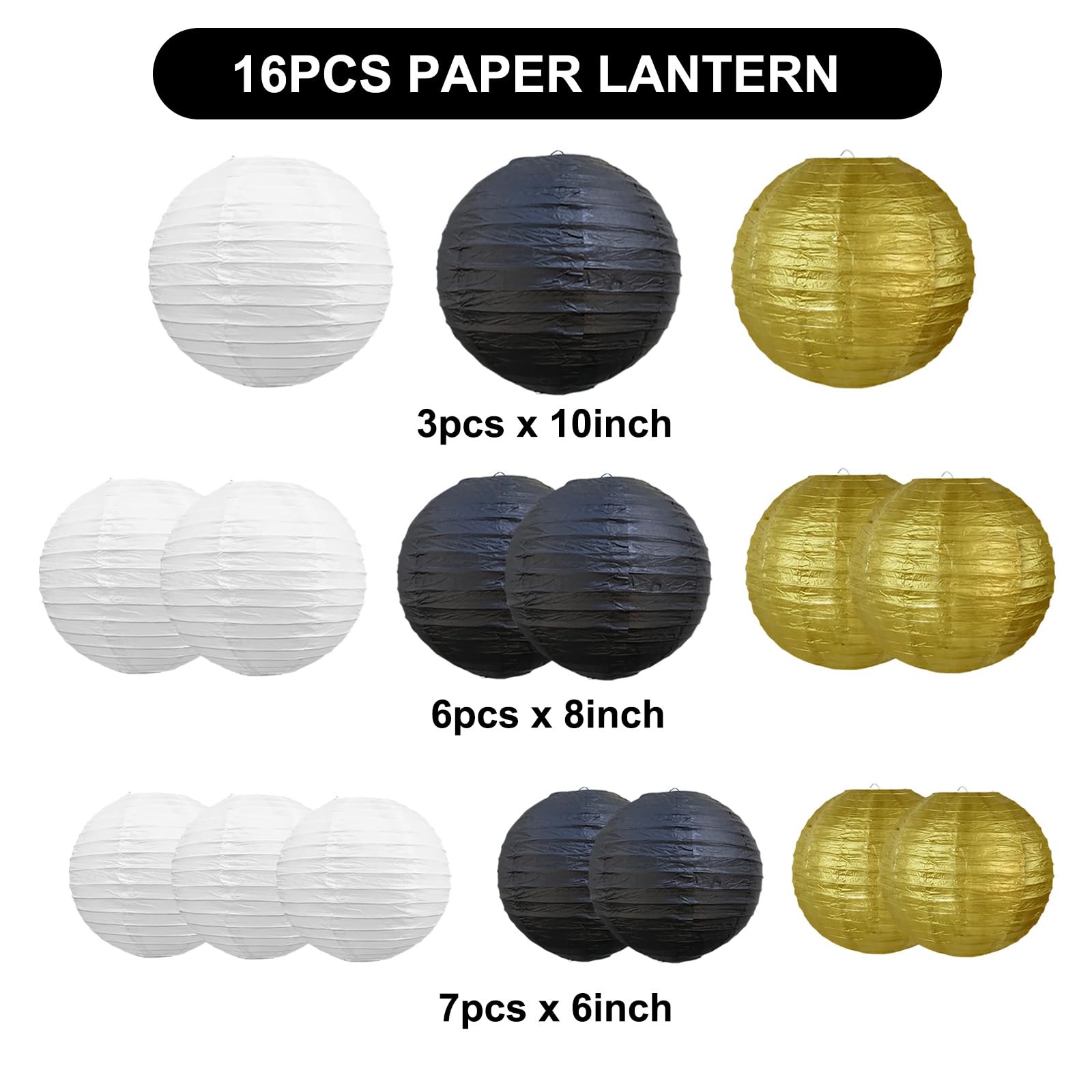 Beishida 16 Pcs Black Gold Paper Lanterns,Hanging Decorative Chinese Japanese Round Paper Lantern Lamp For Wedding Graduation An