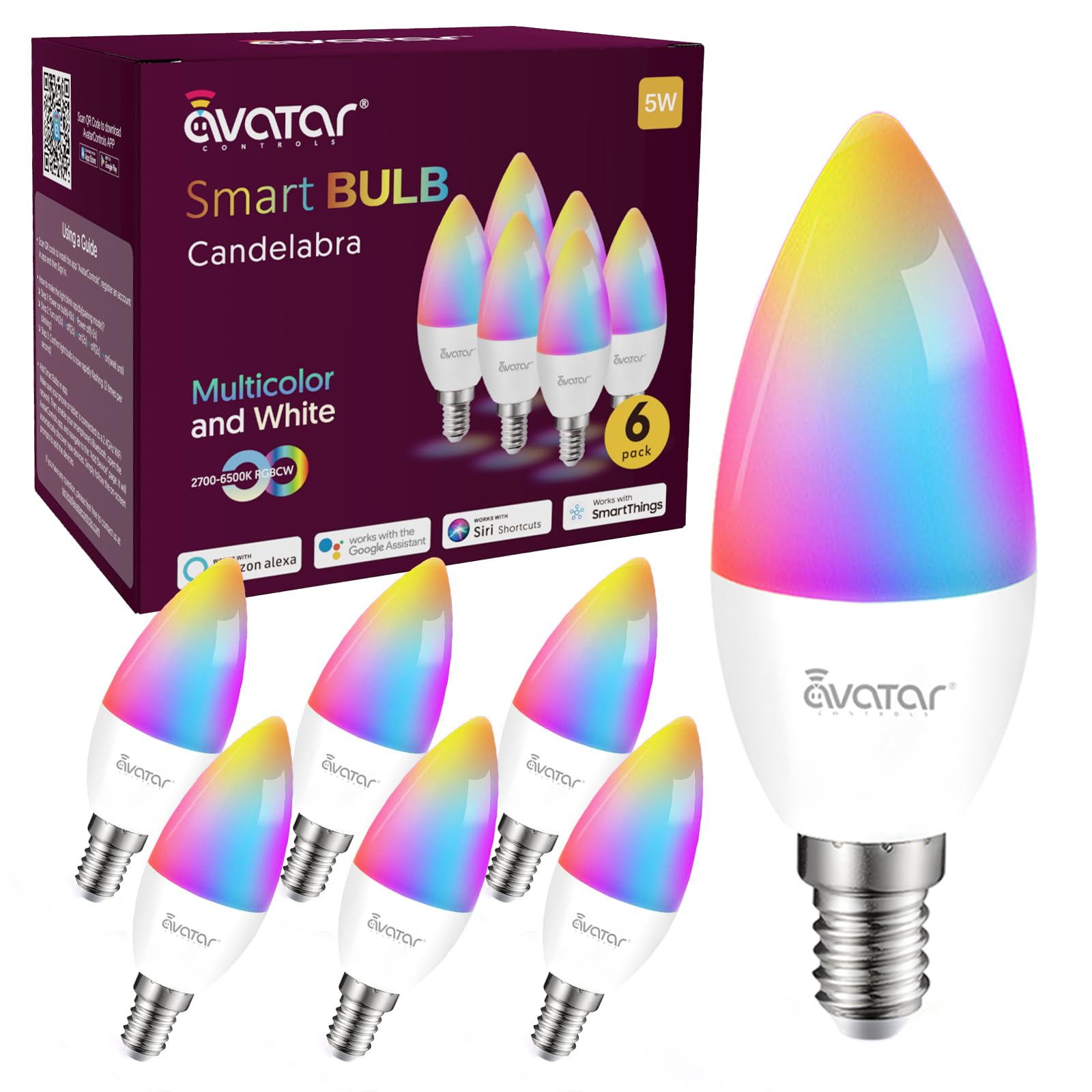 6 Pack E12 Smart Candelabra Light Bulbs - Rgb + Tunable White Smart Led Bulb Music Sync, Schedule & Group Control, Wifi Candle B