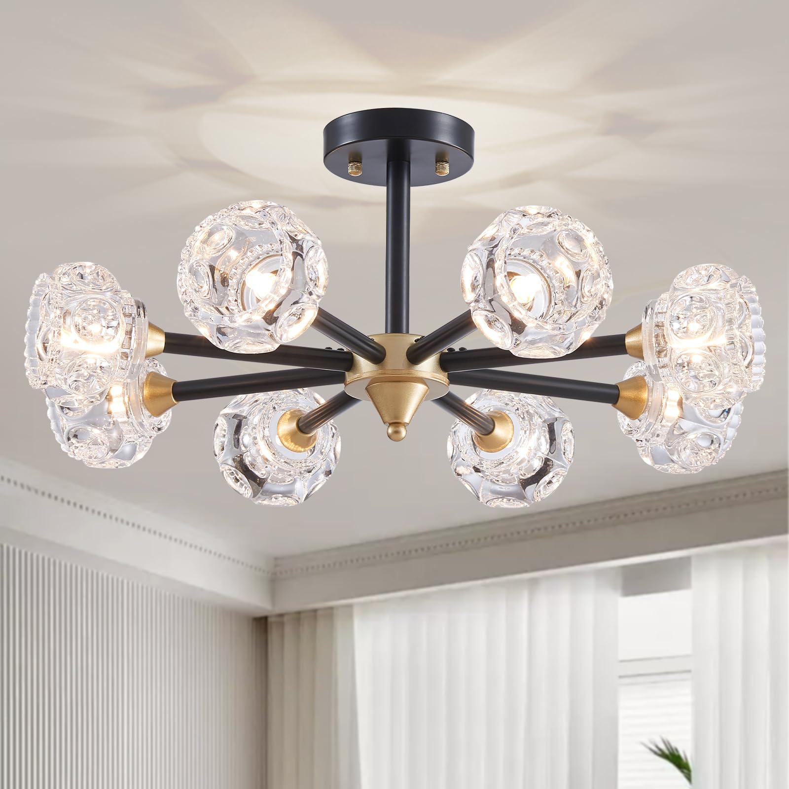 XINGQI Modern Ceiling Light 8 Lights Semi Flush Mount Sputnik Ceiling Light Fixture Black Gold Chandeliers for Bedroom  Dining Room  Farmhouse Kitchen  Office