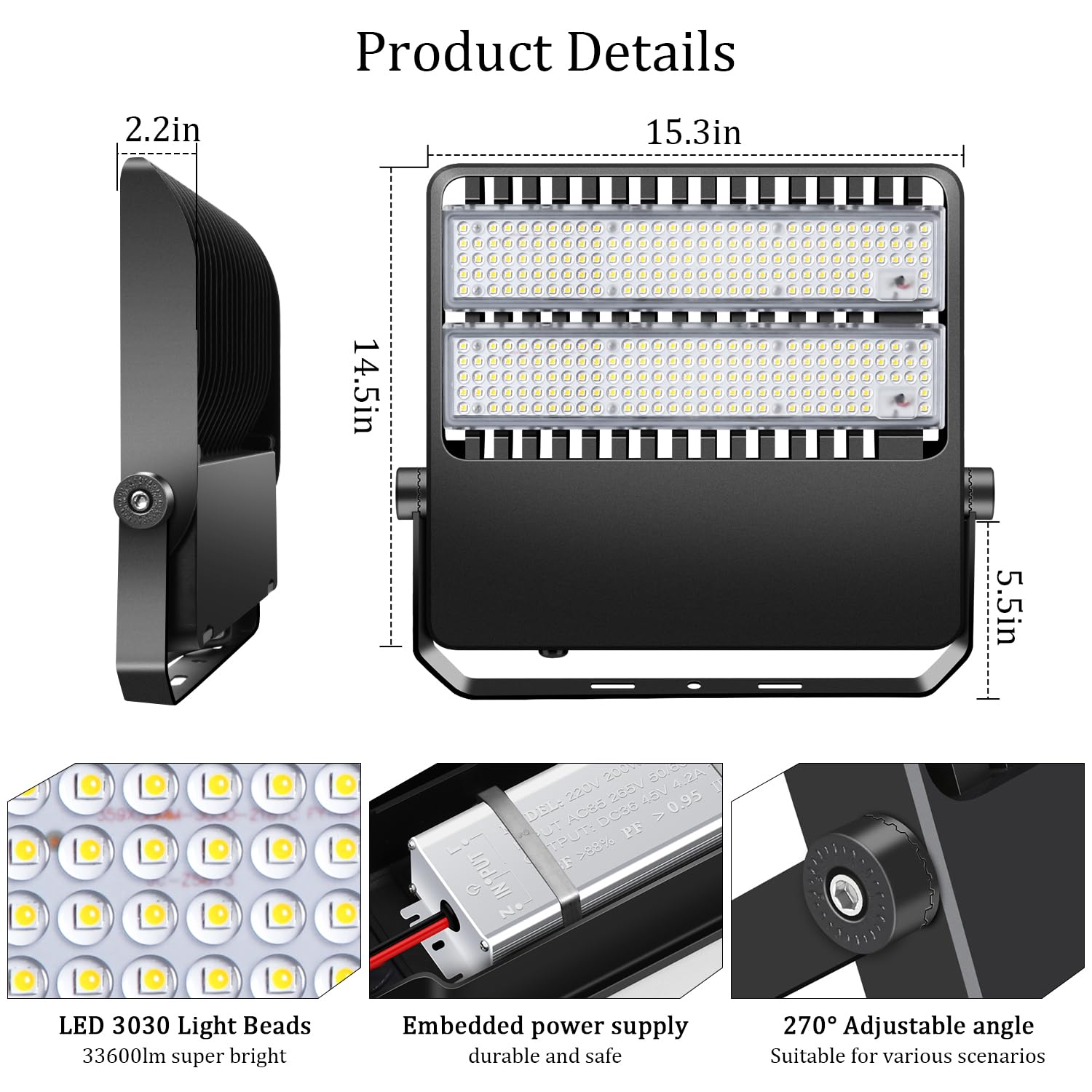 Biritalo Led Stadium Flood Lights Outdoor 1600W Equivalent 36500Lm Super Bright Yoke Mount Parking Lot Floodlights 5500K 80-277V