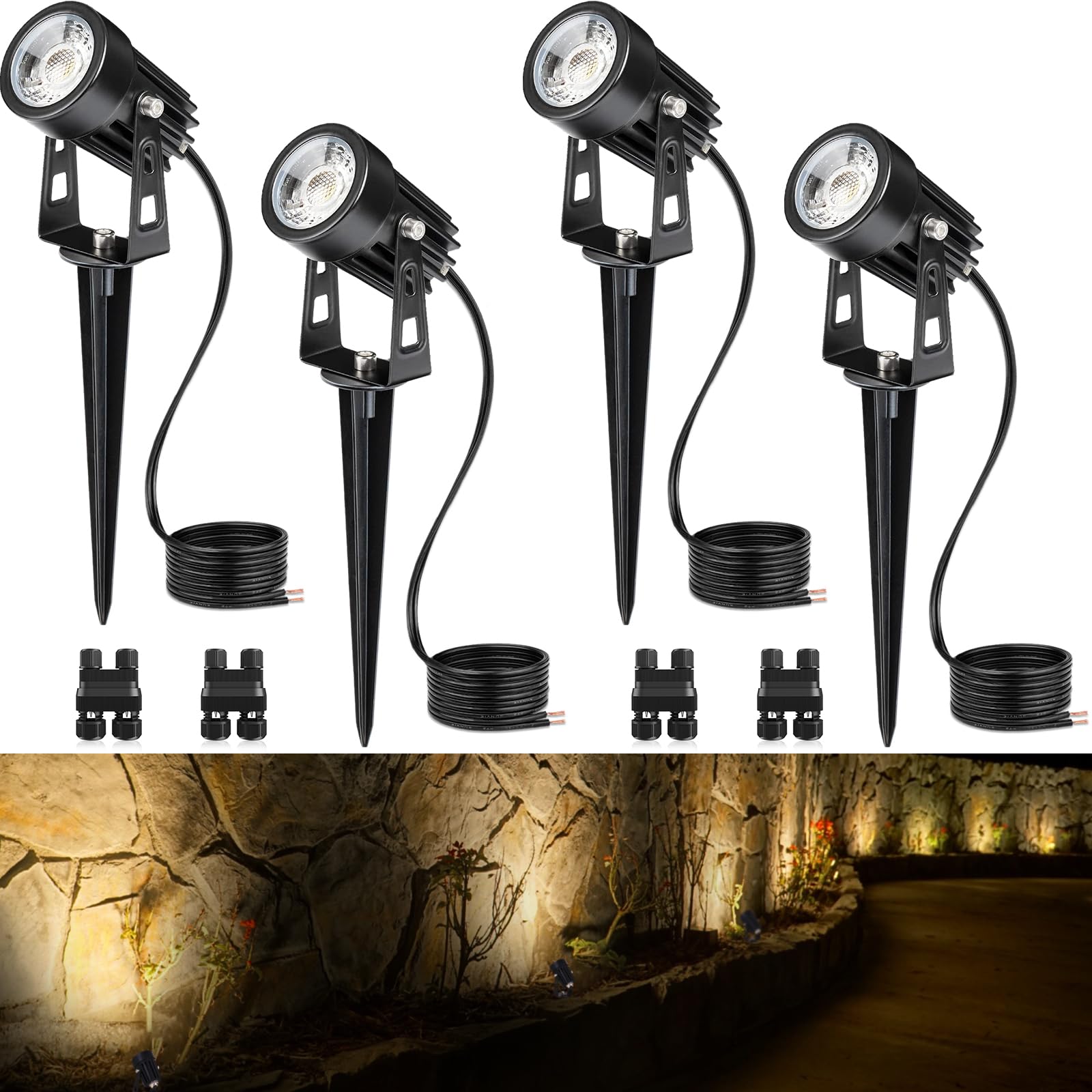 SUNVIE LED Landscape Spotlights, 3W, 3000K Warm White, Waterproof, Black, Model CLWS0304C, 4 Pack