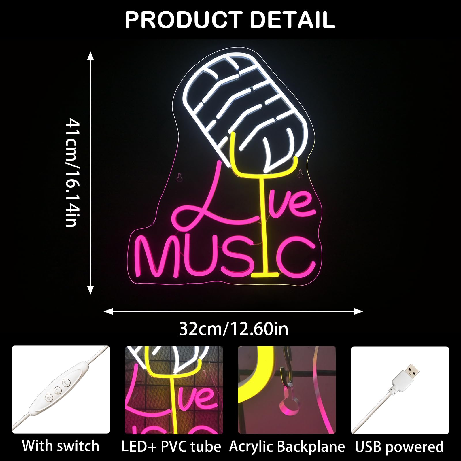 Looklight Neon Sign - On Air Microphone LED Wall Decor, 12.6in x 16.14in, Acrylic, Music Live