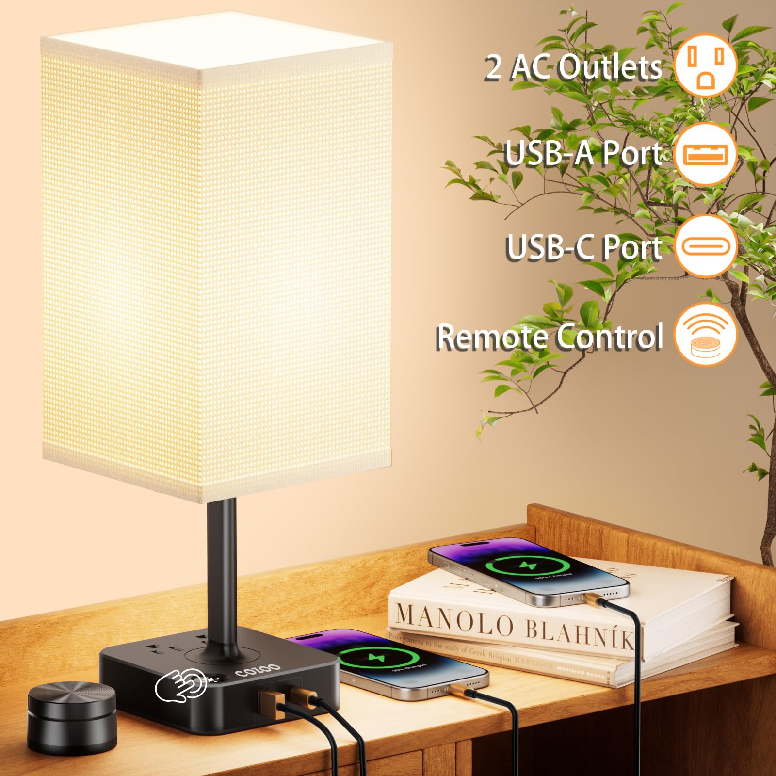 Remote Control Bedside Lamp With Usb-C & Usb-A Charging Ports, 2 Ac Outlets, Stepless Dimming Nightstand Lamp For Bedroom- Touch