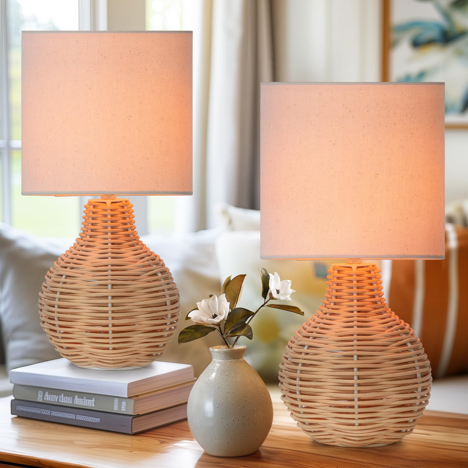 Velxee Rattan Table Lamp, Vintage Wicker Wooden Nightstand Lamp Set Of 2, Boho Bamboo Woven End Table Lamp For Bedroom Living Ro