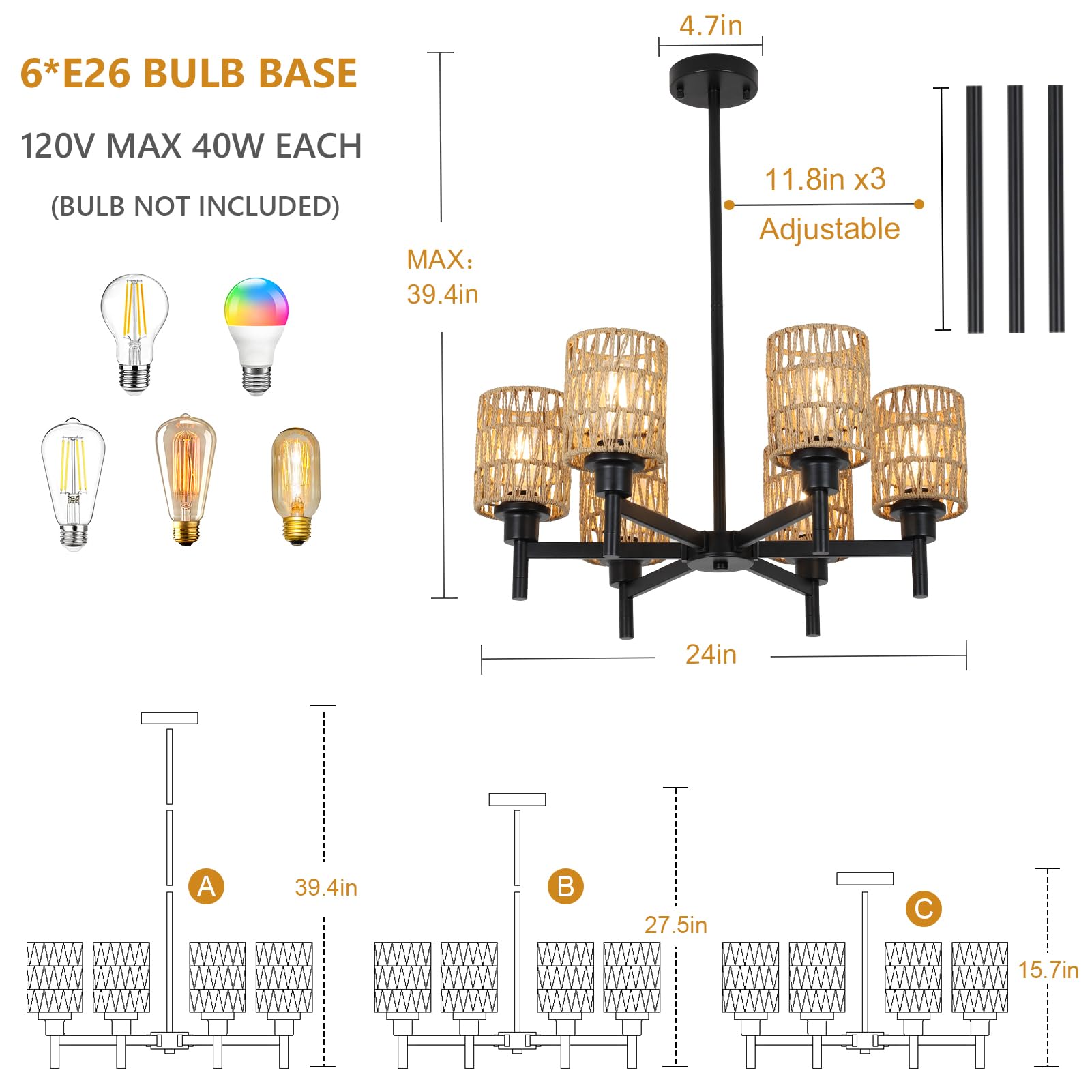 Airposta Rattan Chandelier for Dining Room, Black Pendant Light, Rustic Boho Design, Model 230907A1