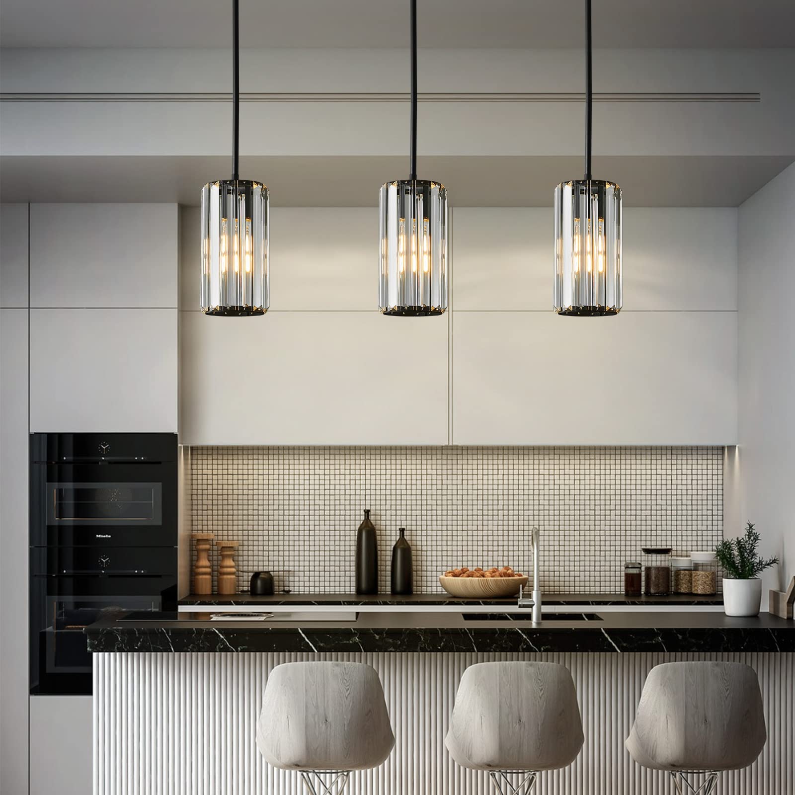 zhllmq Black Pendant Lighting - Modern Mini Crystal Chandeliers, Adjustable, Round-3-Pack for Kitchen, Dining, Bedroom, Model JP-403