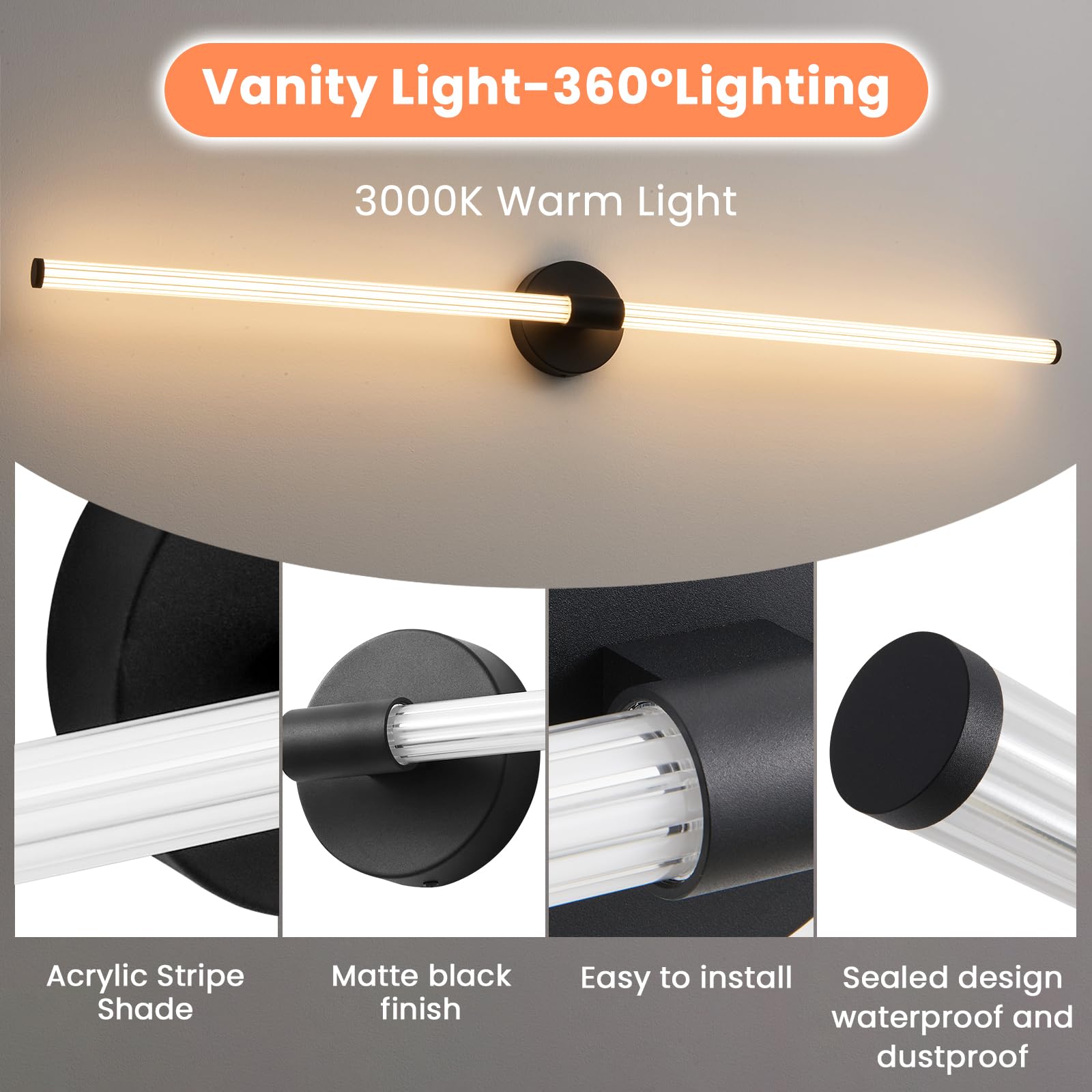 Gednbo Dimmable LED Bathroom Vanity Light Bar 49 inch Metal Black Model 1738