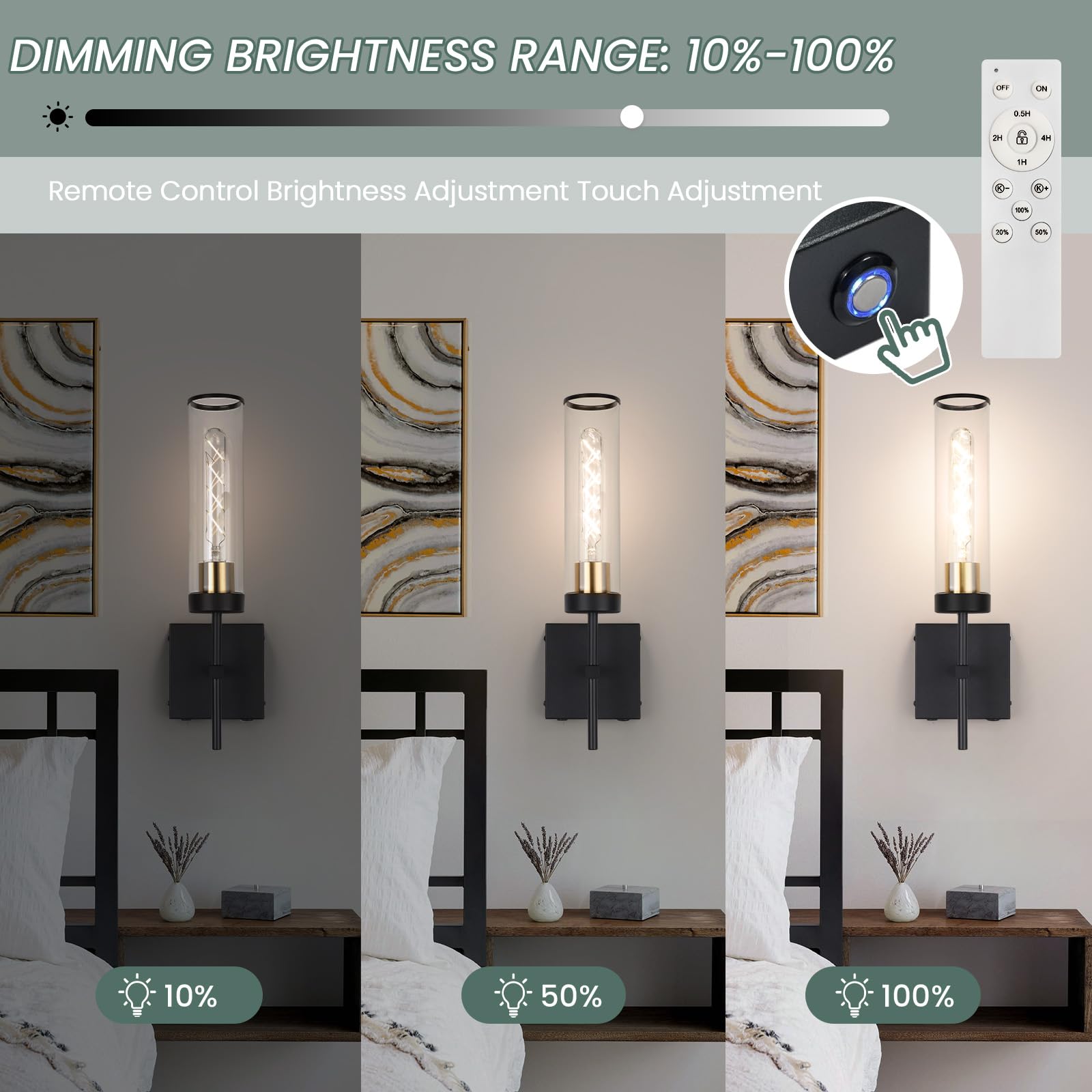 Loiogohot Battery Operated Wall Sconce, 10400mAh, Dimmable, Remote Control, Black & Metal Edge, Model WL-BN2426-BK-ME