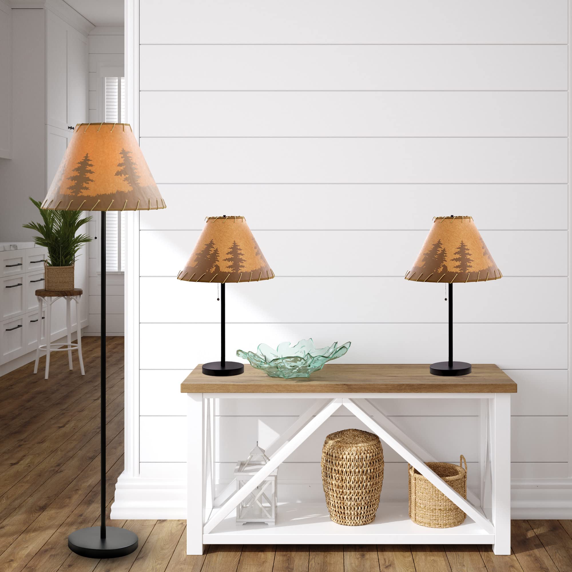 Catalina Lighting 19908-000 Rustic Cabin Lodge 3-Piece Table & Floor Lamp Set, Led Bulb Not Included, 58'', Forest Print,Set Of