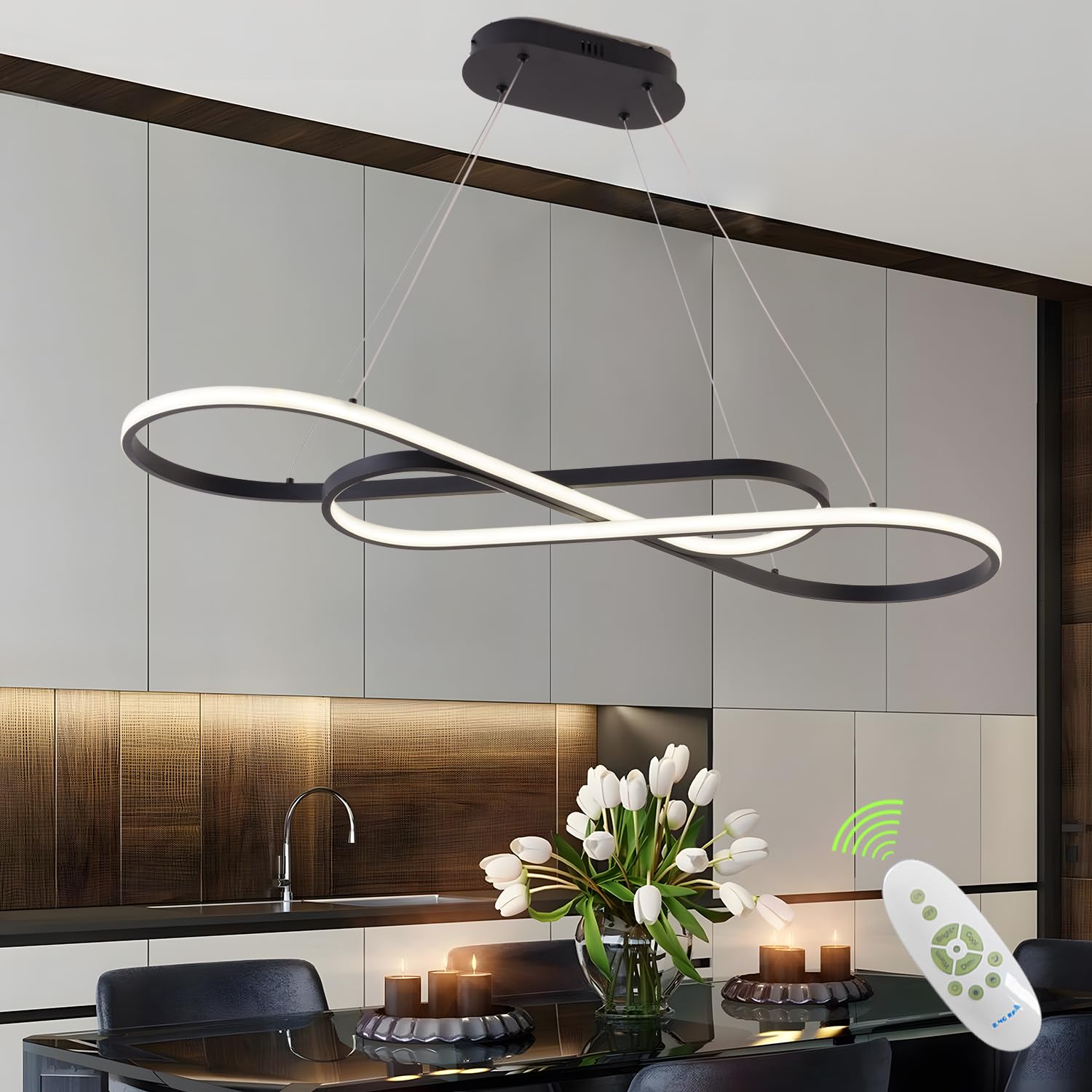 Led Chandelier,39.4Inch Modern Led Pendant Light With Remote,Dimmable Black Chandelier For Dining Room,Adjustable Height 45W Alu
